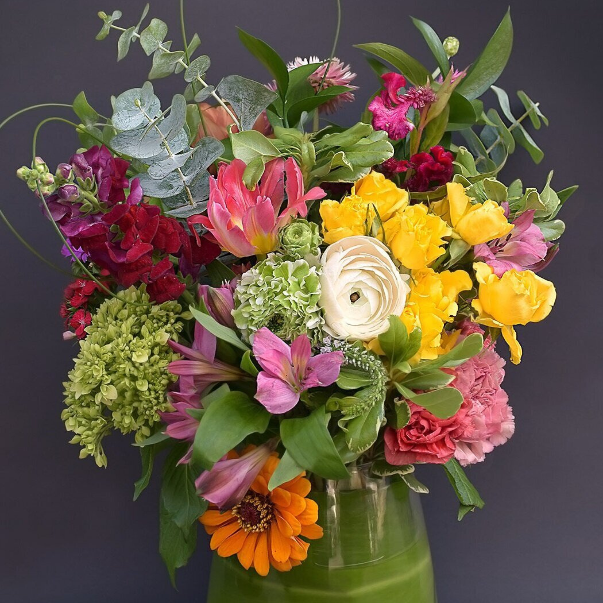 Vibrant bouquet of tulips, ranunculus, hydrangeas, alstroemeria, and snapdragons with eucalyptus leaves on a dark background