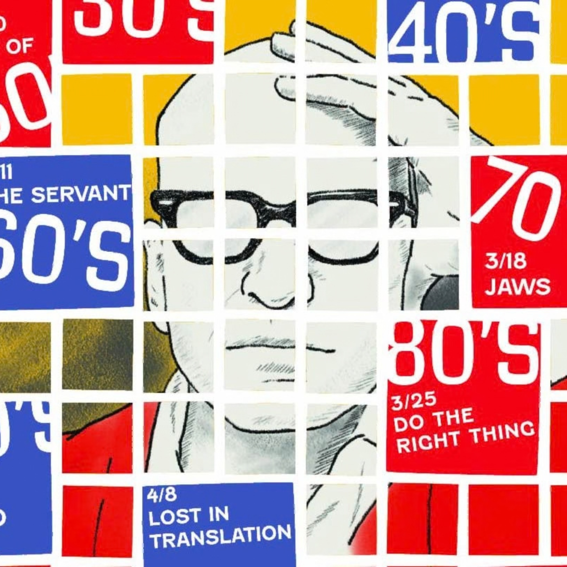 Stylized yellow poster with grid blocks listing decades and film titles, including Jaws, Do the Right Thing, and Lost in Translation