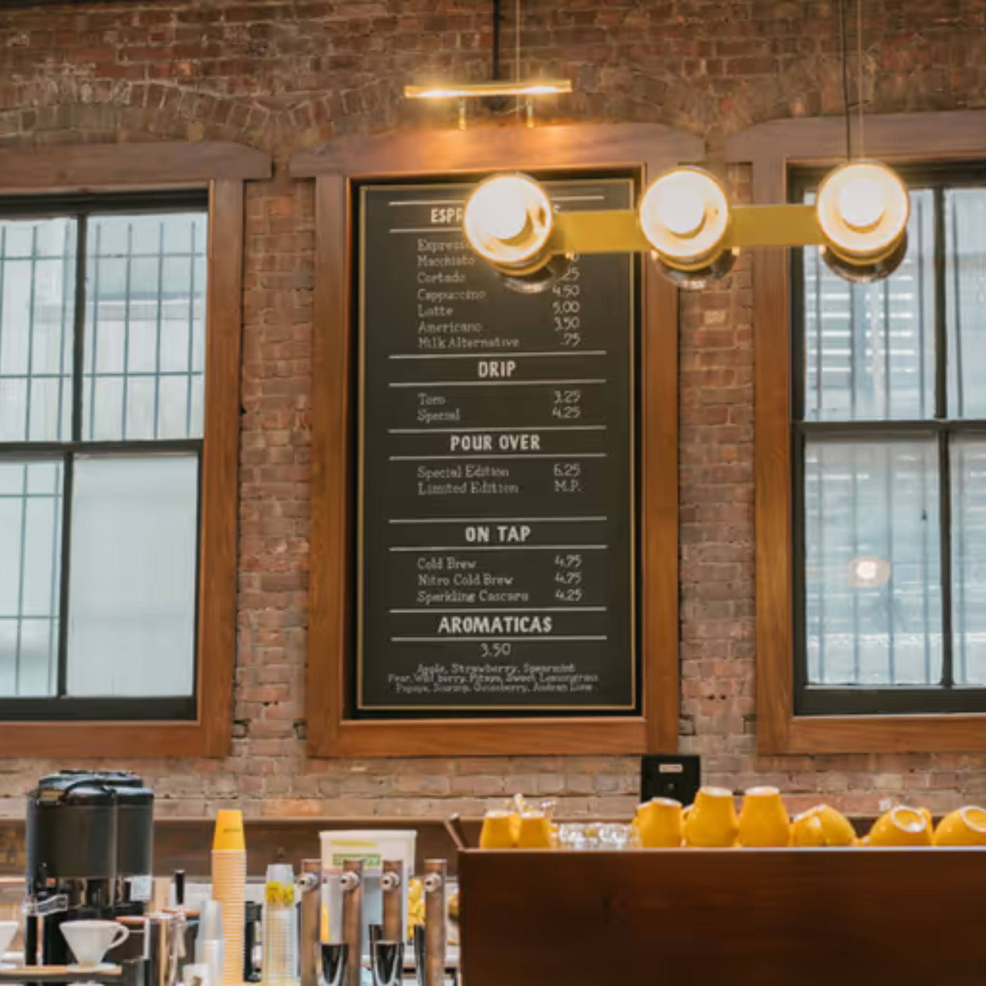 Coffee shop interior with brick wall menu board, counter, mugs, and hanging light fixture