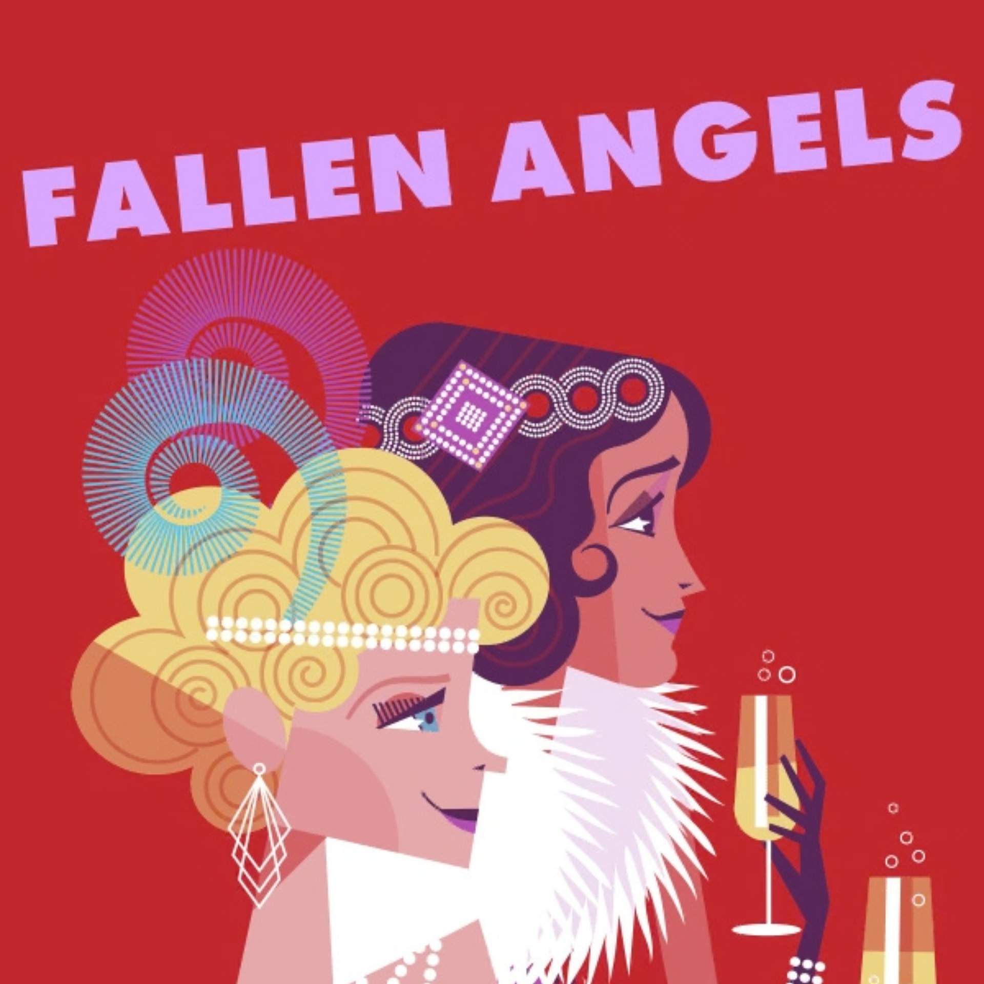 llustrated poster with two glamorous women in 1920s flapper style under bold text “FALLEN ANGELS