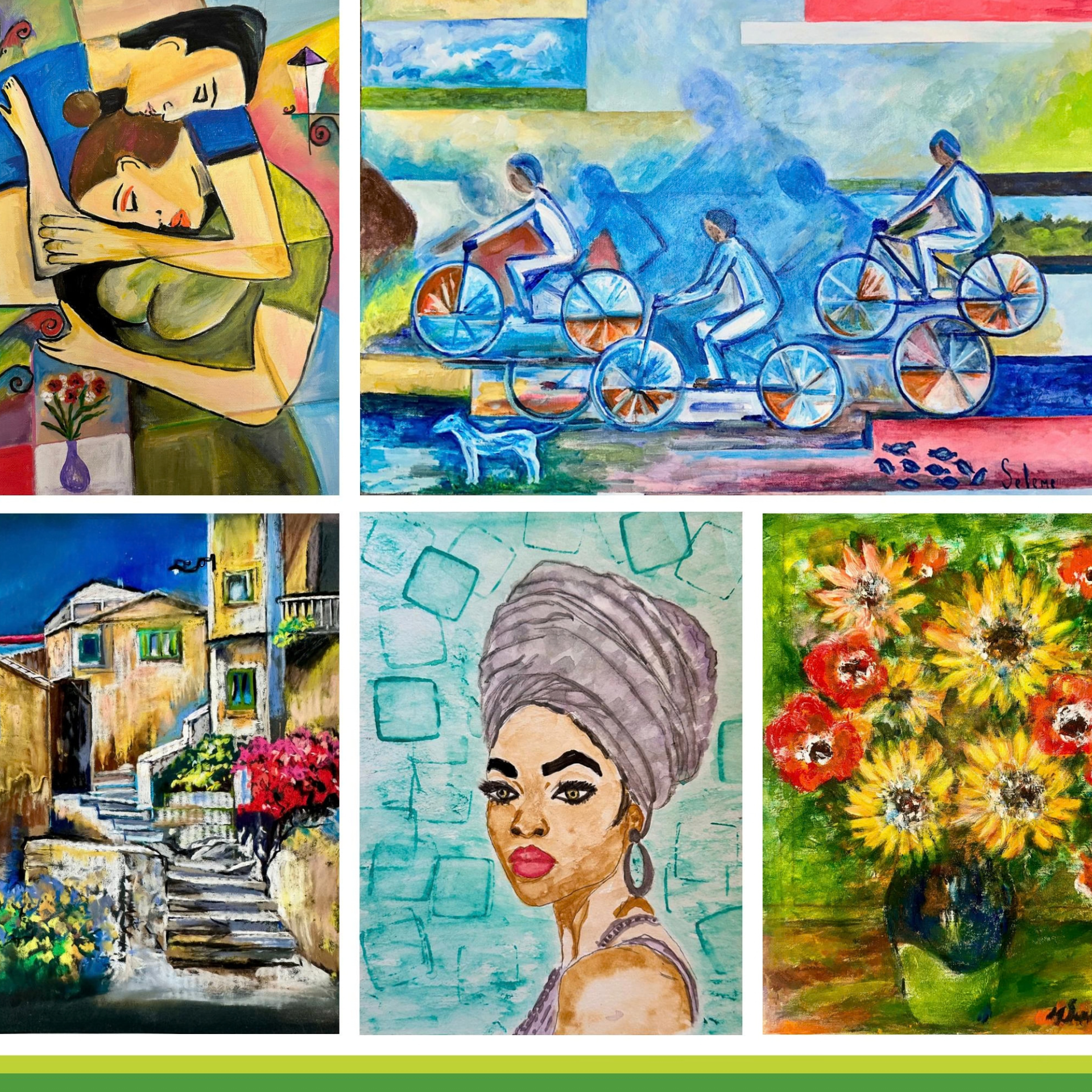 Collage of six colorful paintings, including portraits, florals, cyclists, and a Mediterranean village scene