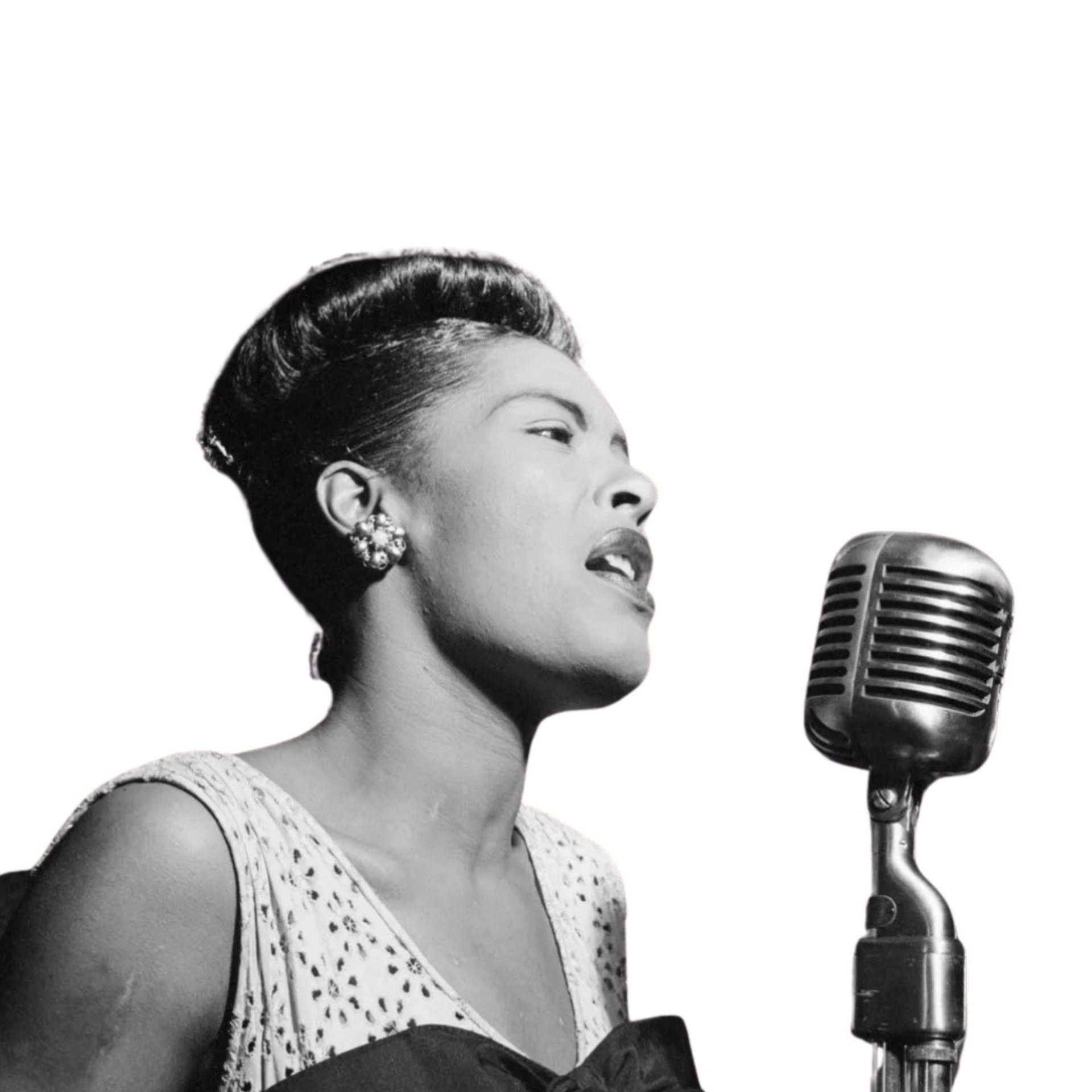 Black-and-white photo of a singer performing into a vintage microphone