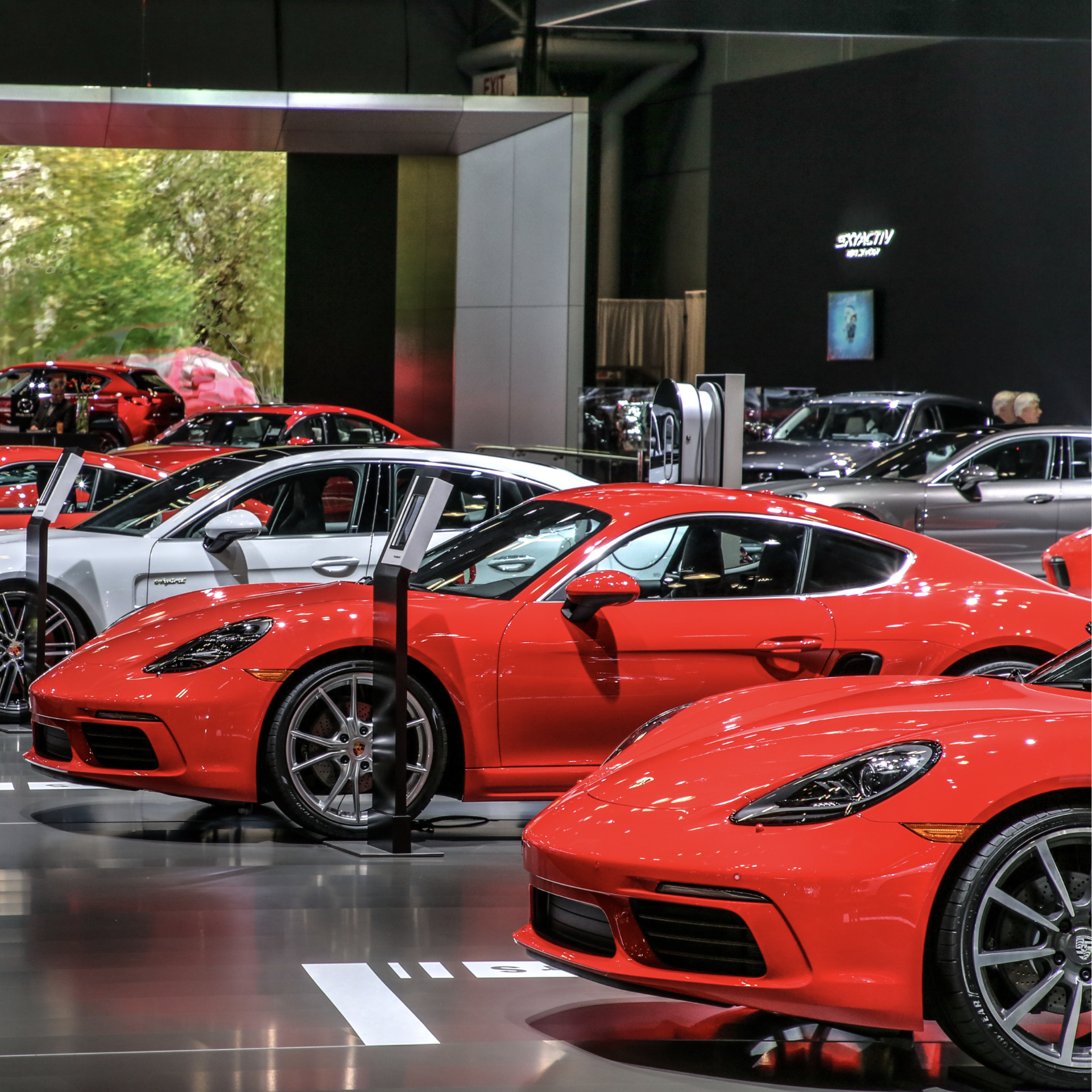 Red Porsche sports cars displayed in a modern showroom alongside other luxury vehicles