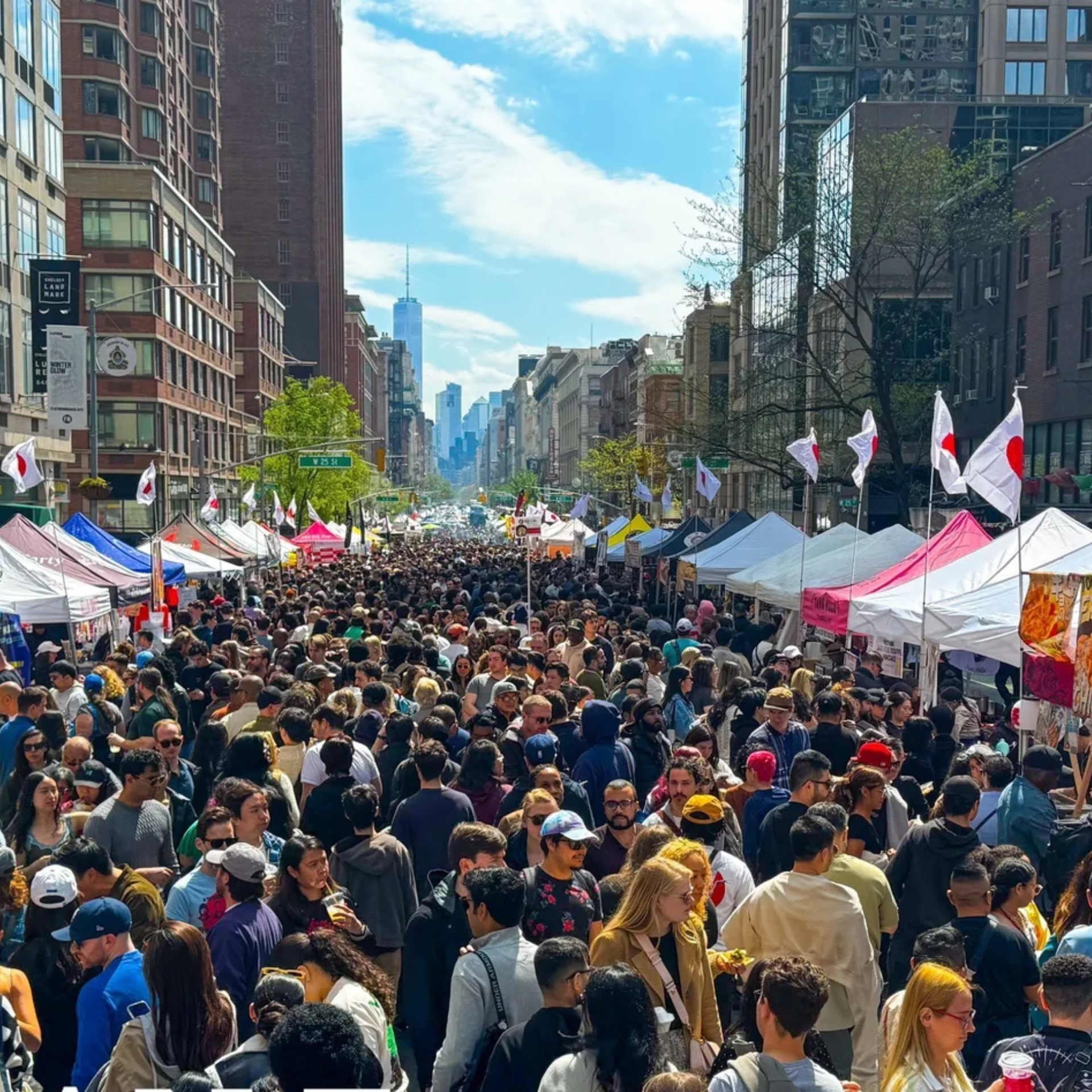 Crowded city street fair with colorful vendor tents, tall buildings, and people enjoying a sunny day