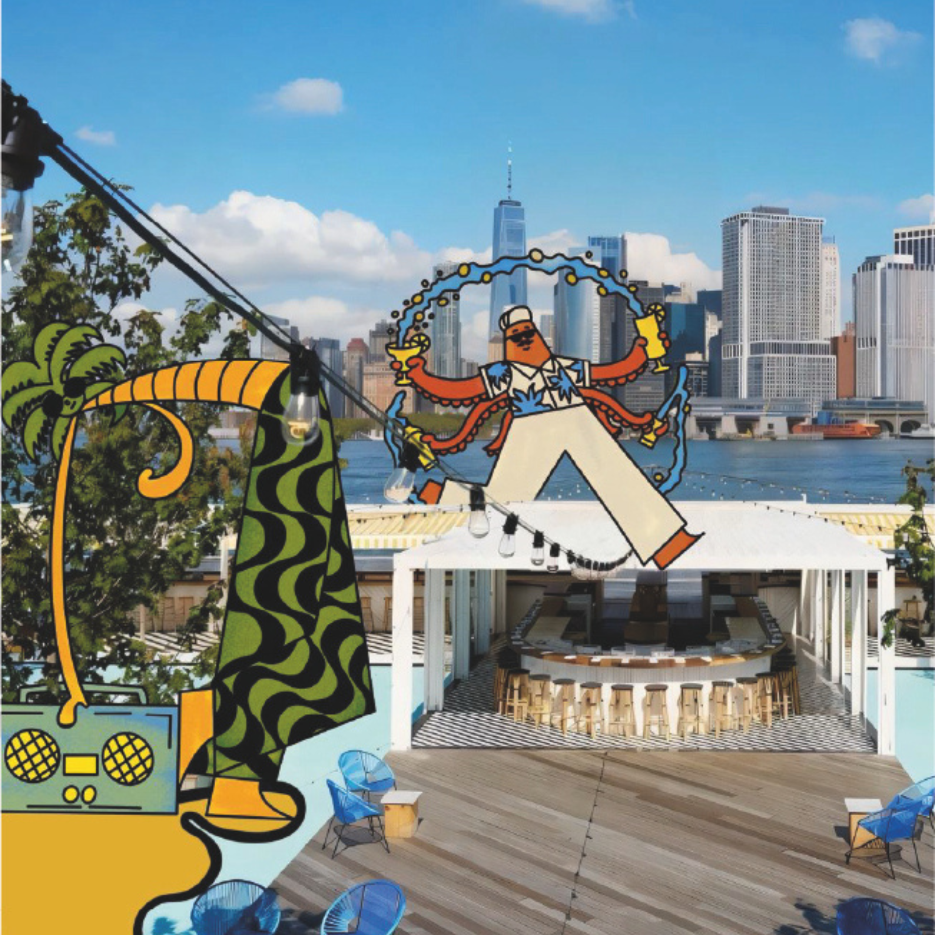 Rooftop bar with string lights, blue chairs, and city skyline view, overlaid with playful tropical illustrations