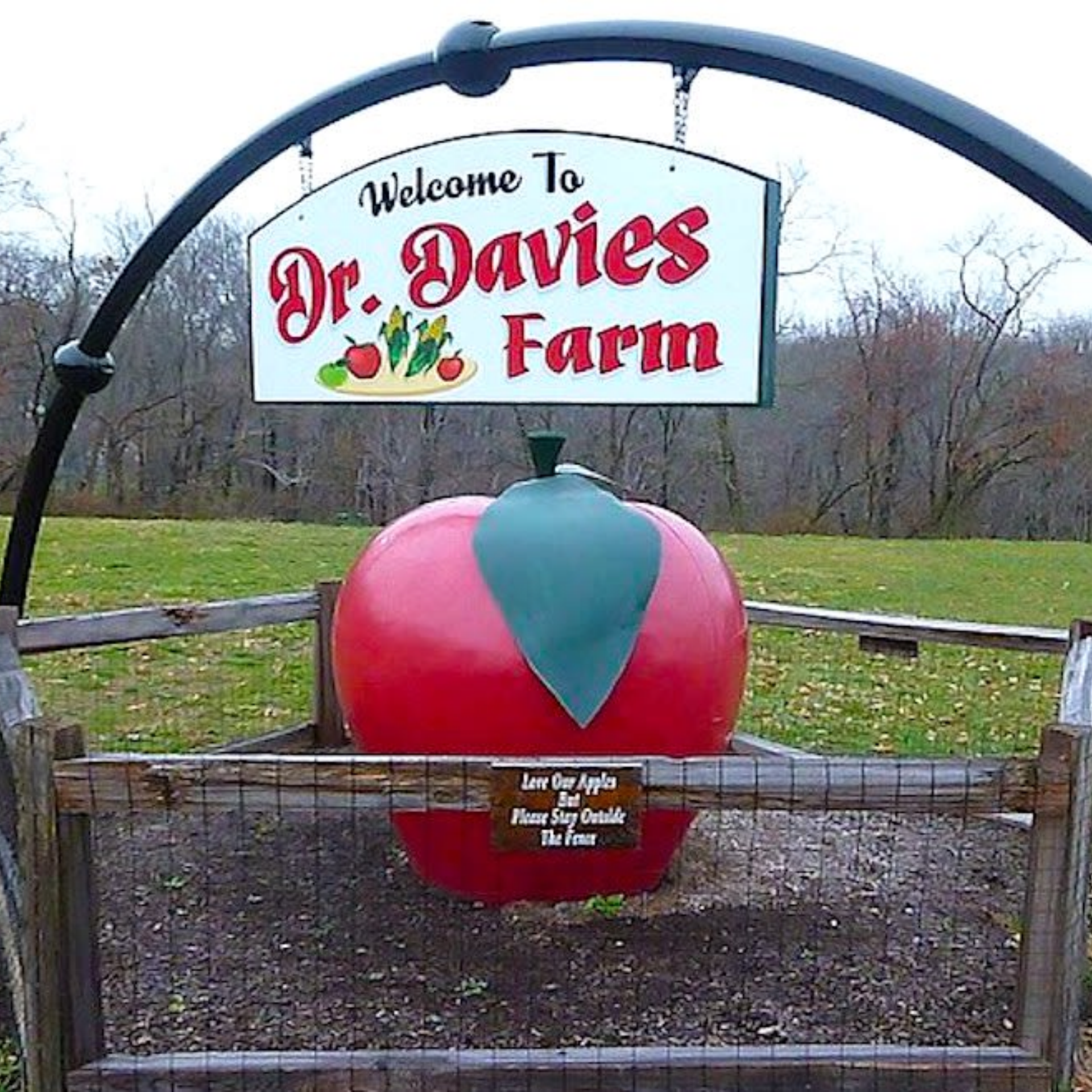 Apple Picking Near NYC: Large decorative apple with welcome sign at farm entrance