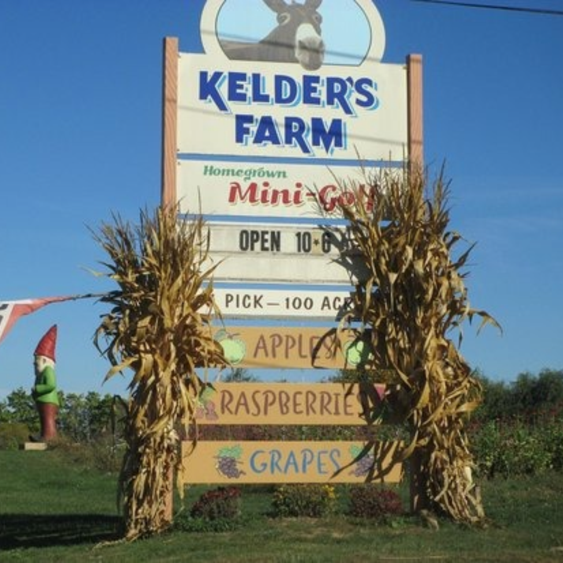 Outdoor Kelder’s Farm sign with corn stalks and gnome statue