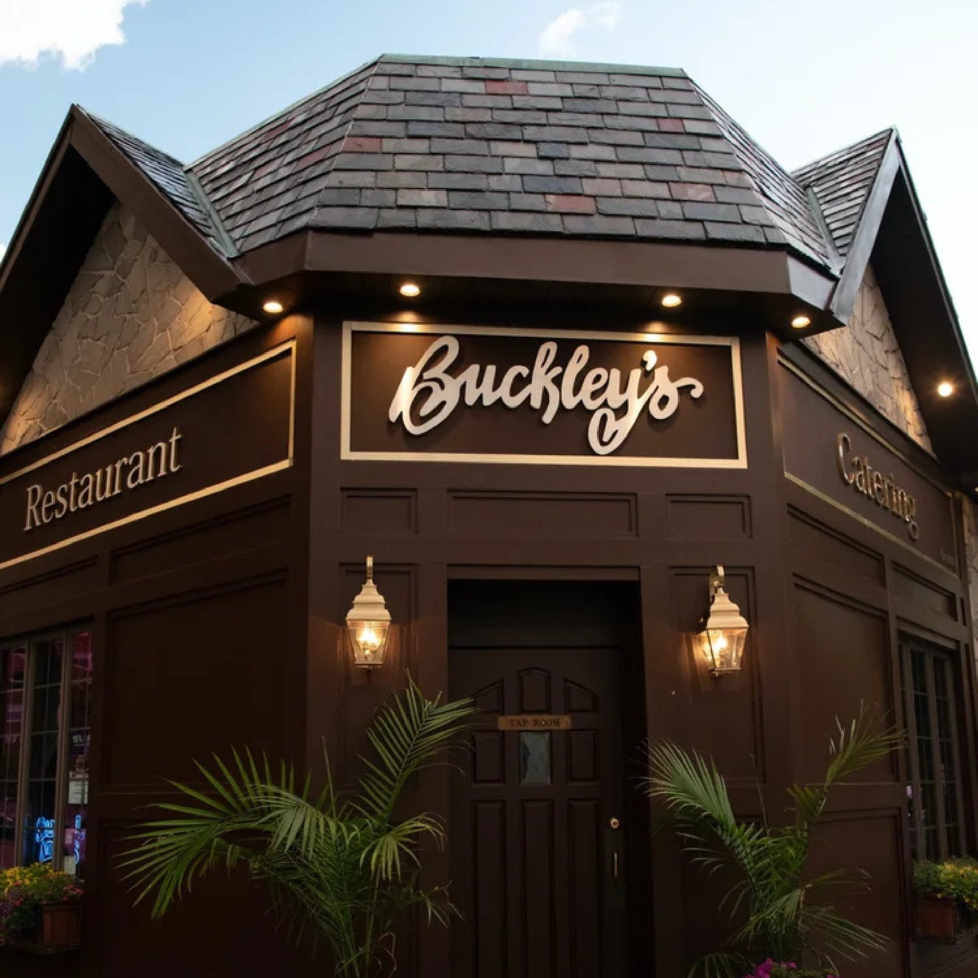 Exterior of Buckley’s restaurant with signage for dining, catering, and tap room