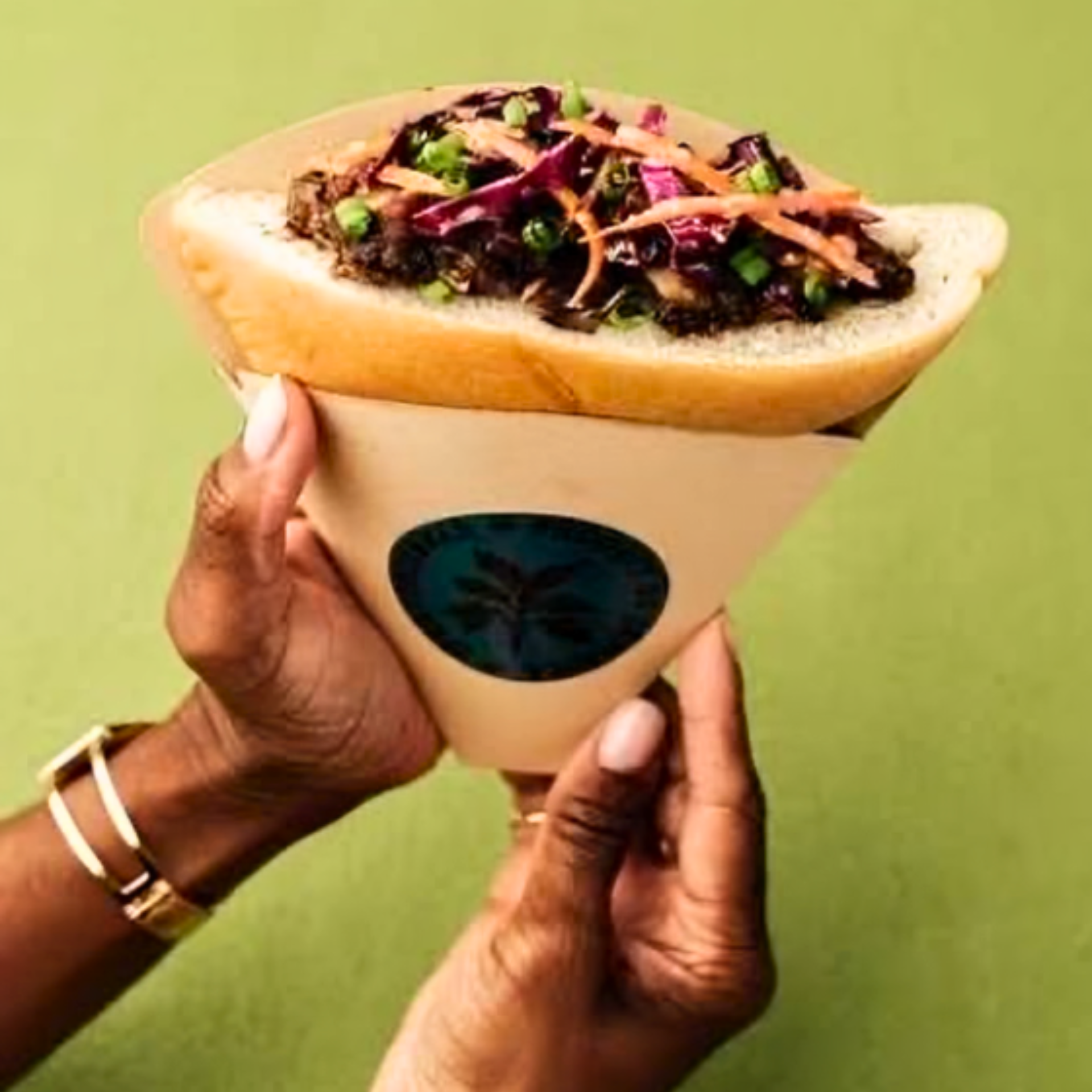 Hands holding a cone-shaped sandwich filled with colorful vegetables and herbs against a green background