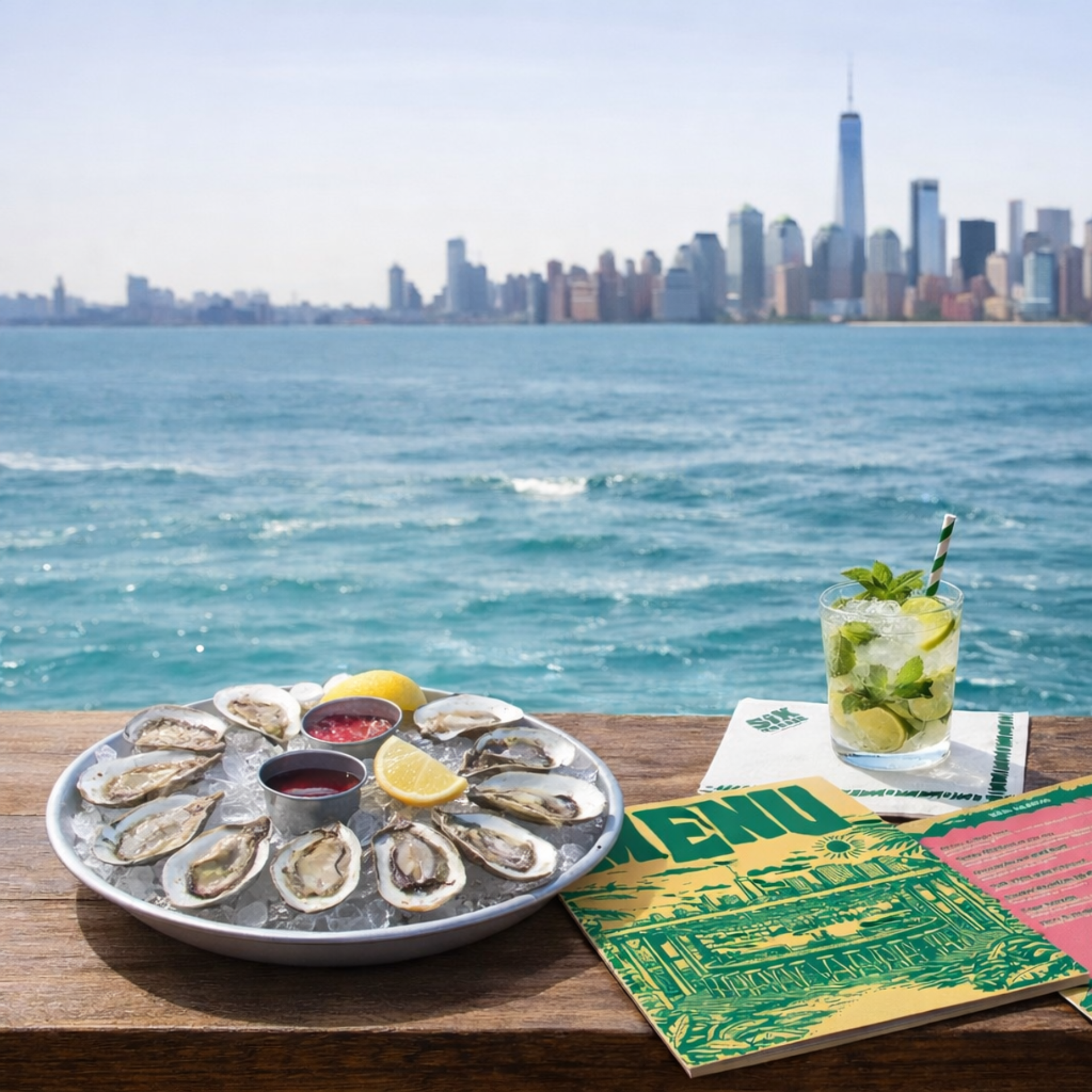 A platter of fresh oysters on ice, a mojito cocktail, and a colorful menu sit on a wooden table overlooking the New York City skyline and the open water