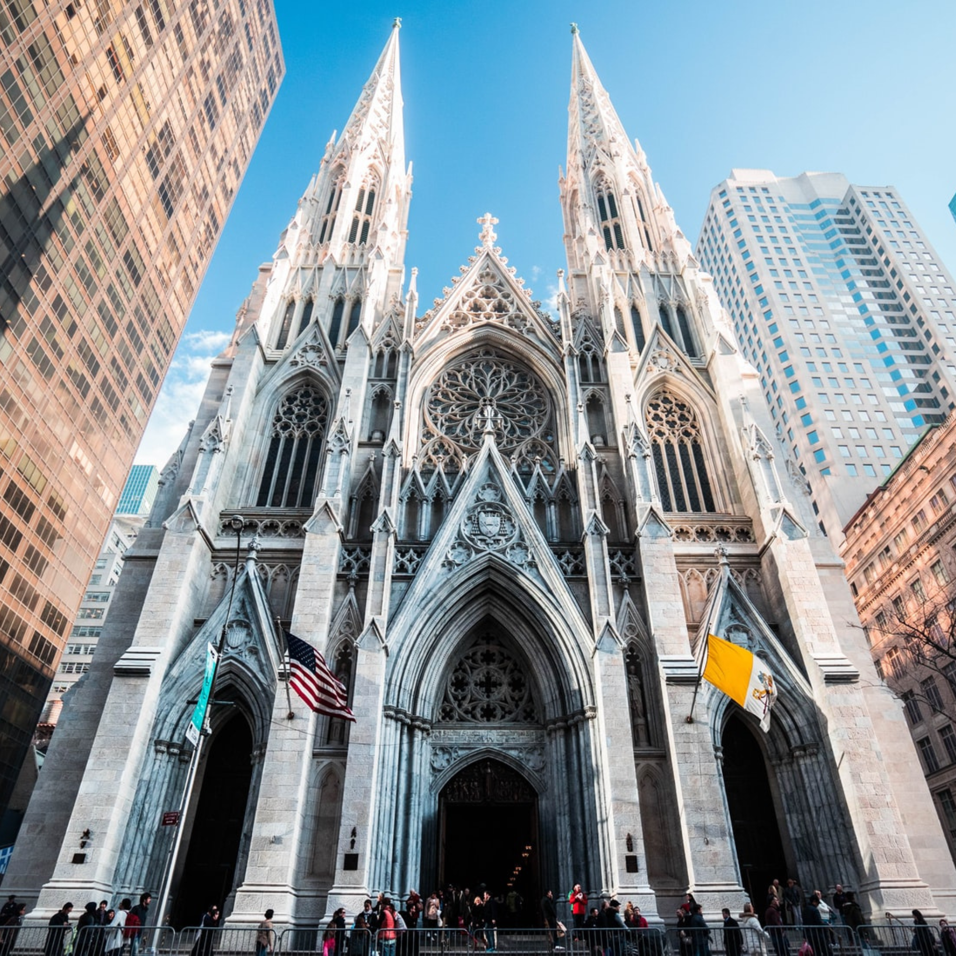 Front facade of St. Patrick’s Cathedral in New York City with twin spires and rose window