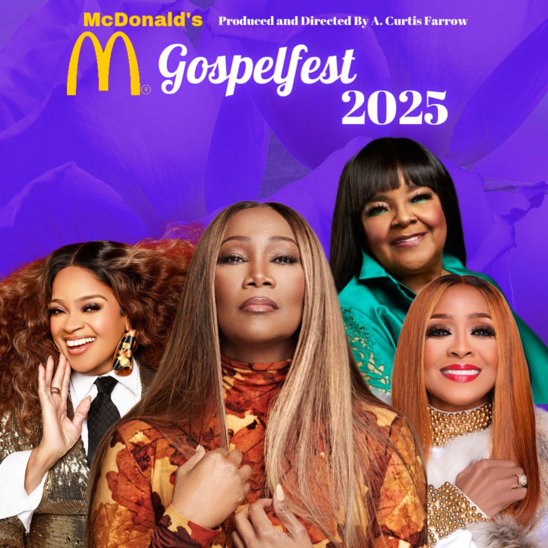 Promotional poster for McDonald’s Gospelfest 2025 featuring gospel artists on vibrant purple background