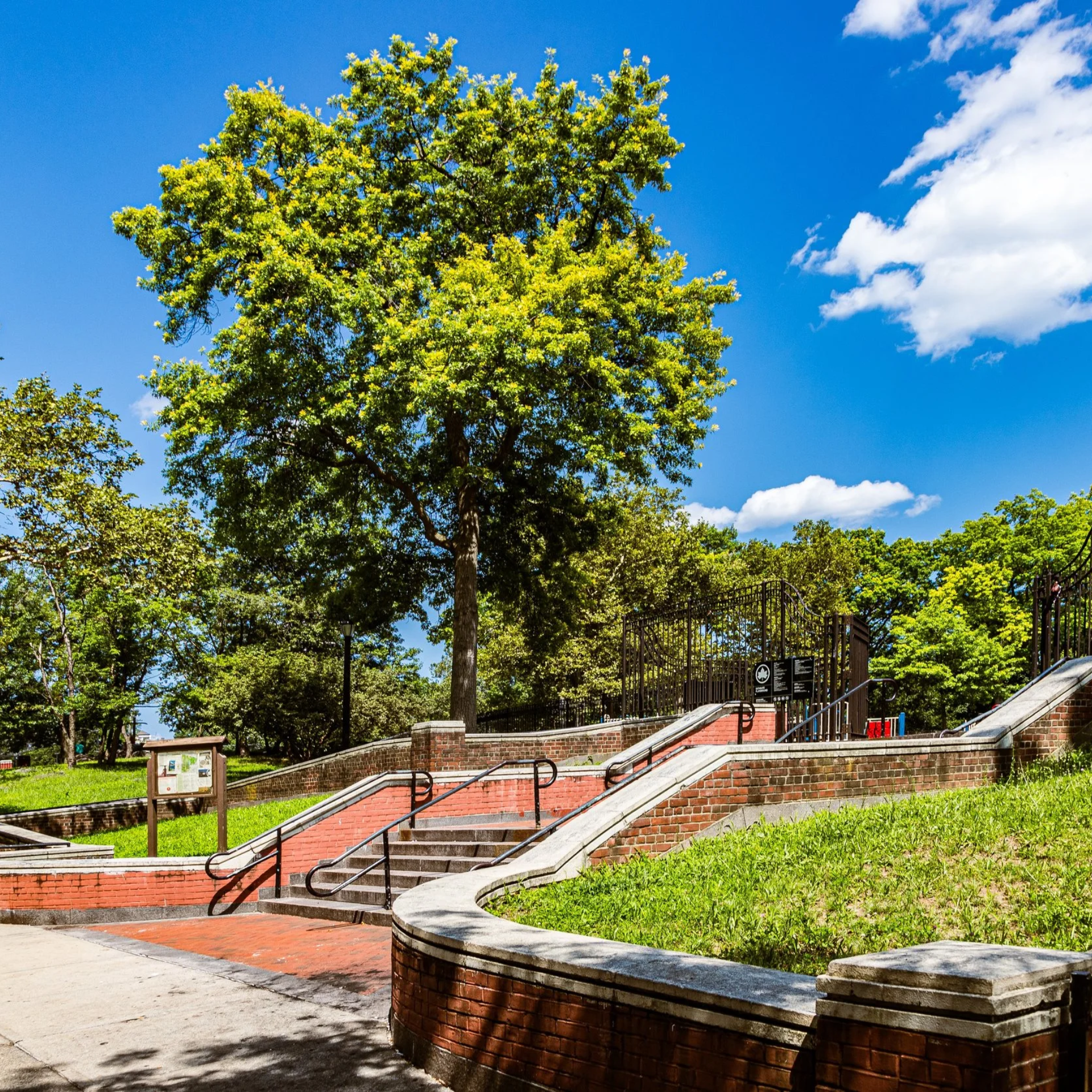 Urban park entrance with brick staircase, black railings, large tree, blue sky and greenery