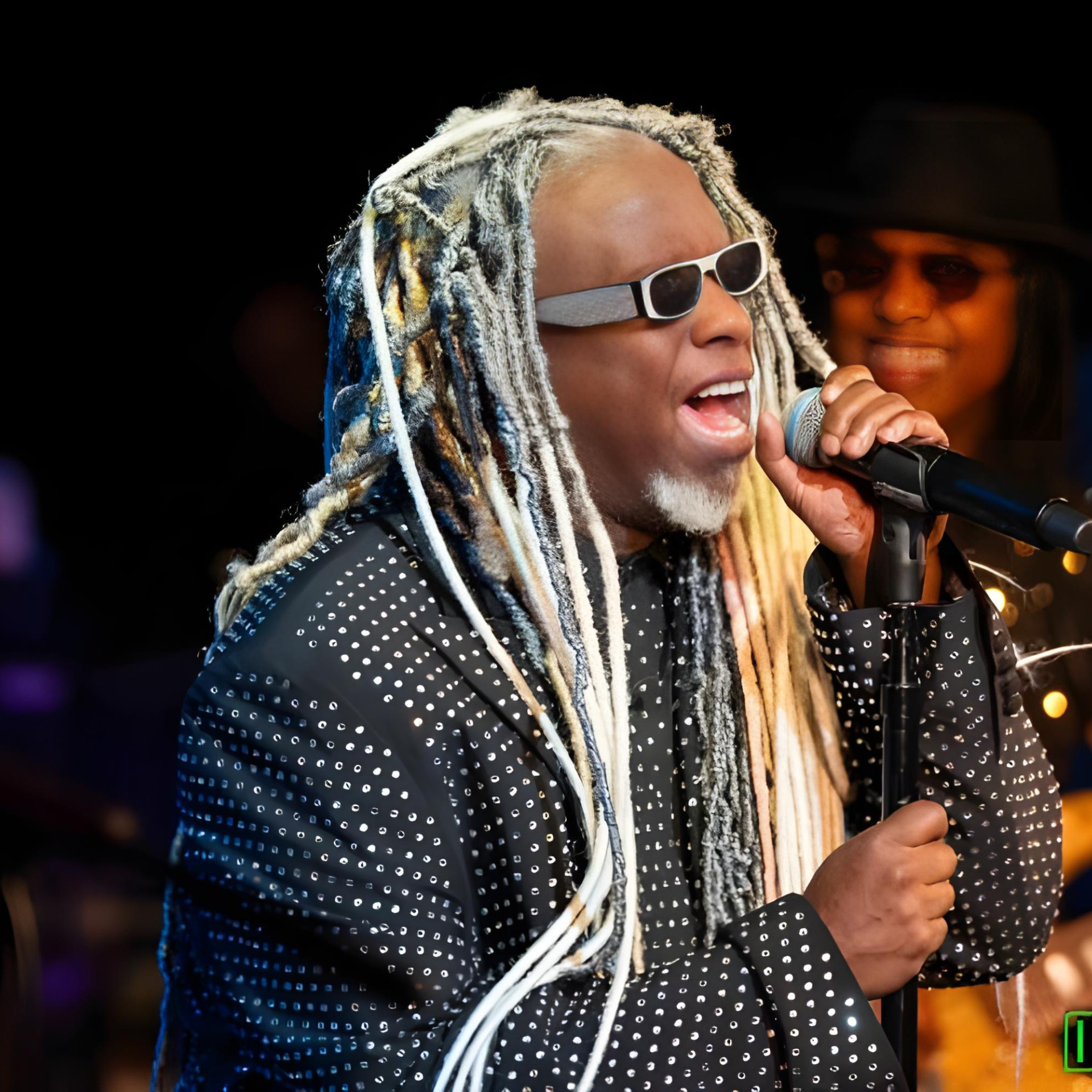 Live music performance with singer in multicolored dreadlocks, sunglasses, and studded jacket passionately singing on stage