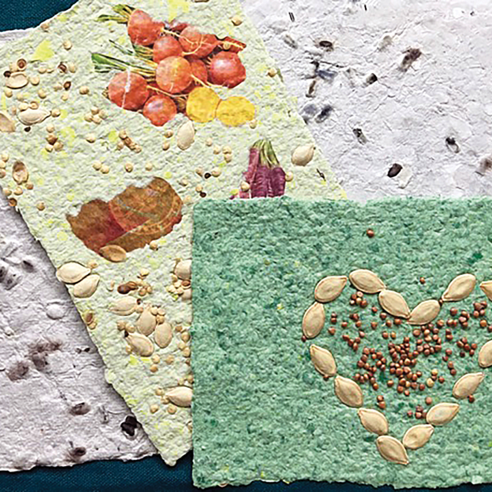 Eco-friendly handmade seed paper sheets in green and white, featuring vegetable illustrations, speckled textures, and a heart-shaped seed design for sustainable crafts and stationery