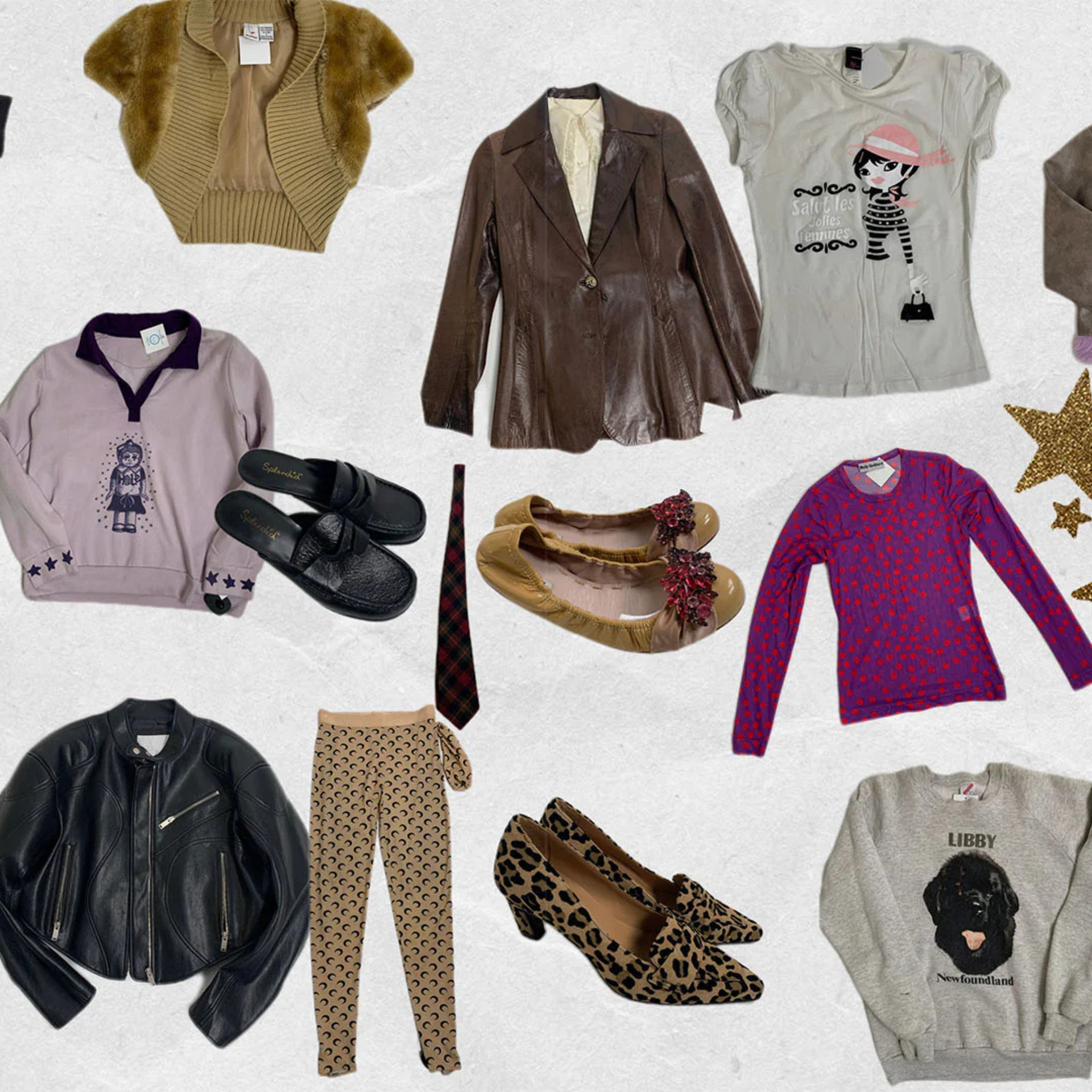 Outfit ideas for Halloween with sweater shoes and jackets scattered against white background