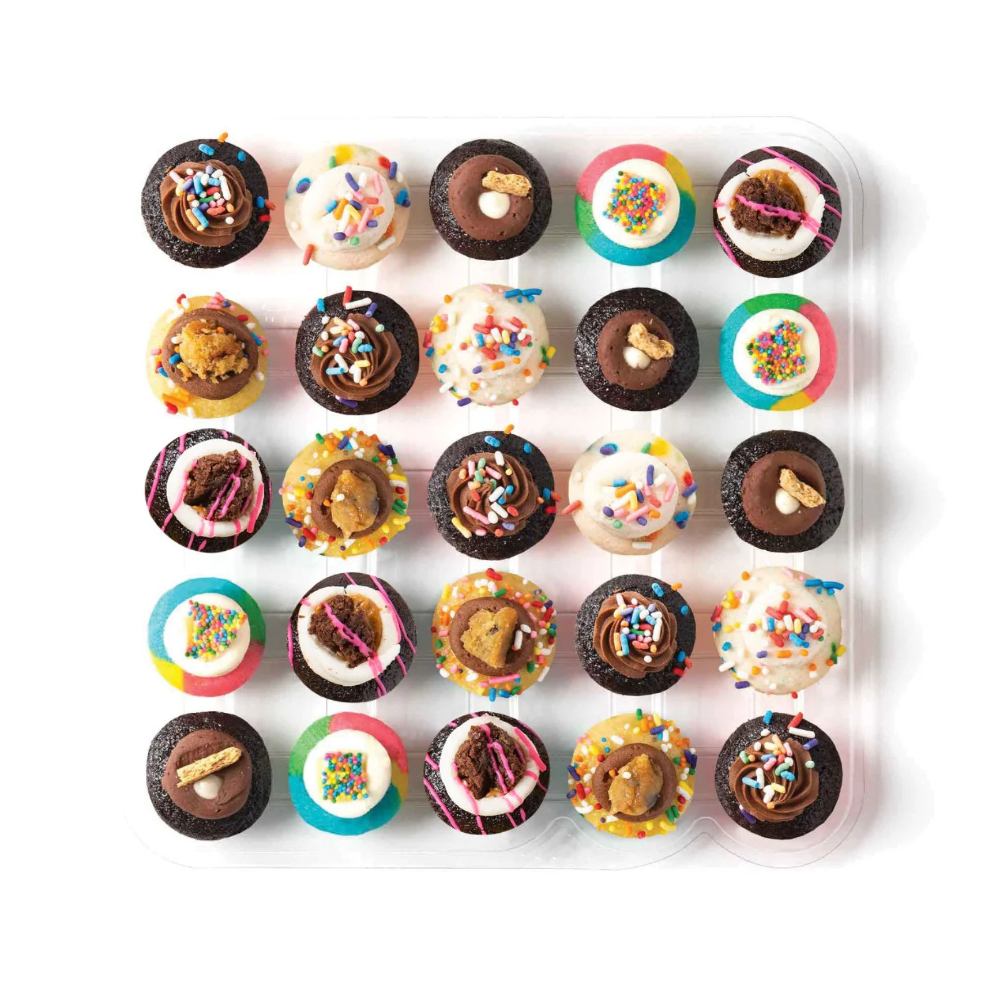 Assorted mini cupcakes in a clear tray, each with vibrant toppings perfect for parties or sweet cravings