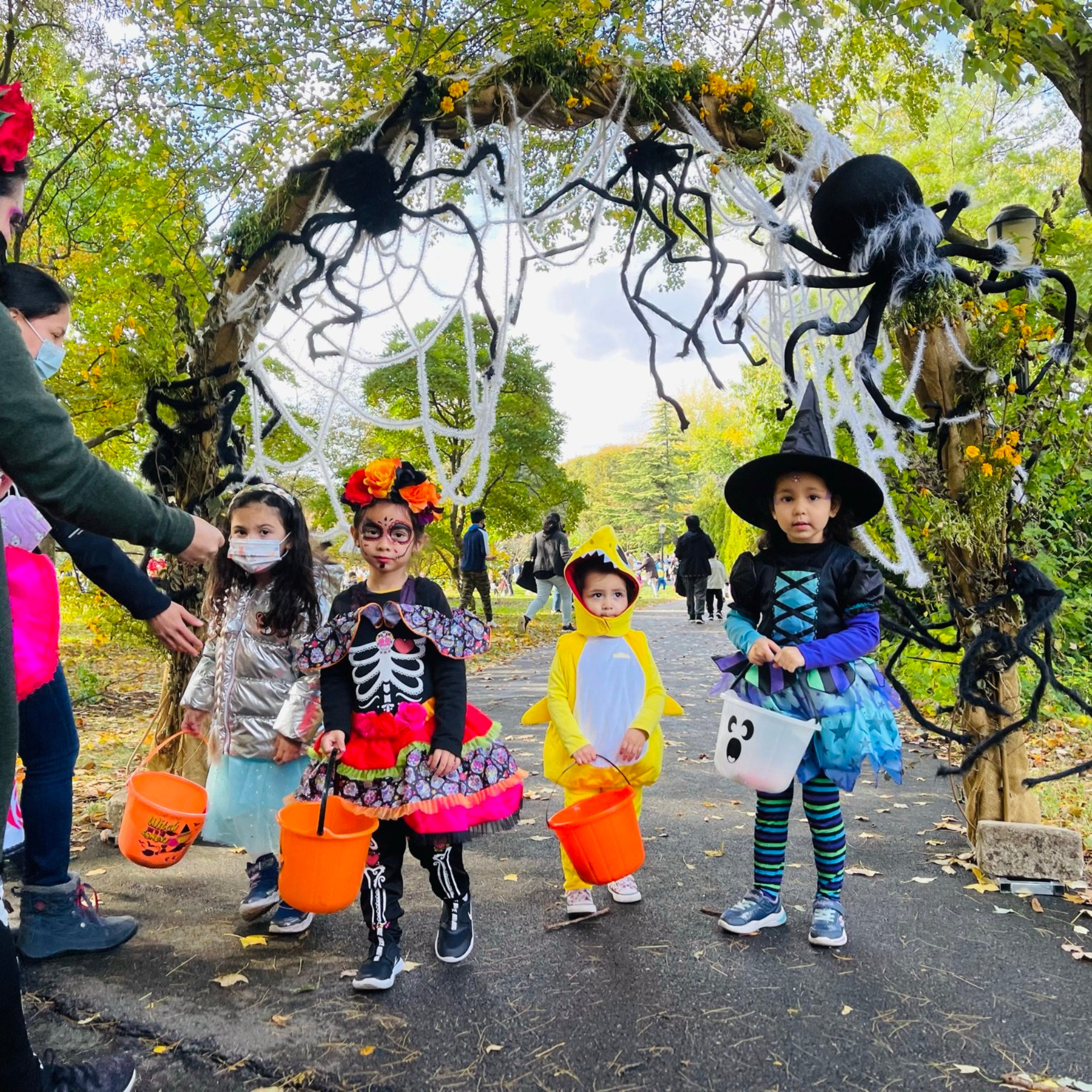 Five children in Halloween costumes holding pumpkin buckets under a spider-decorated archway in a park with autumn trees