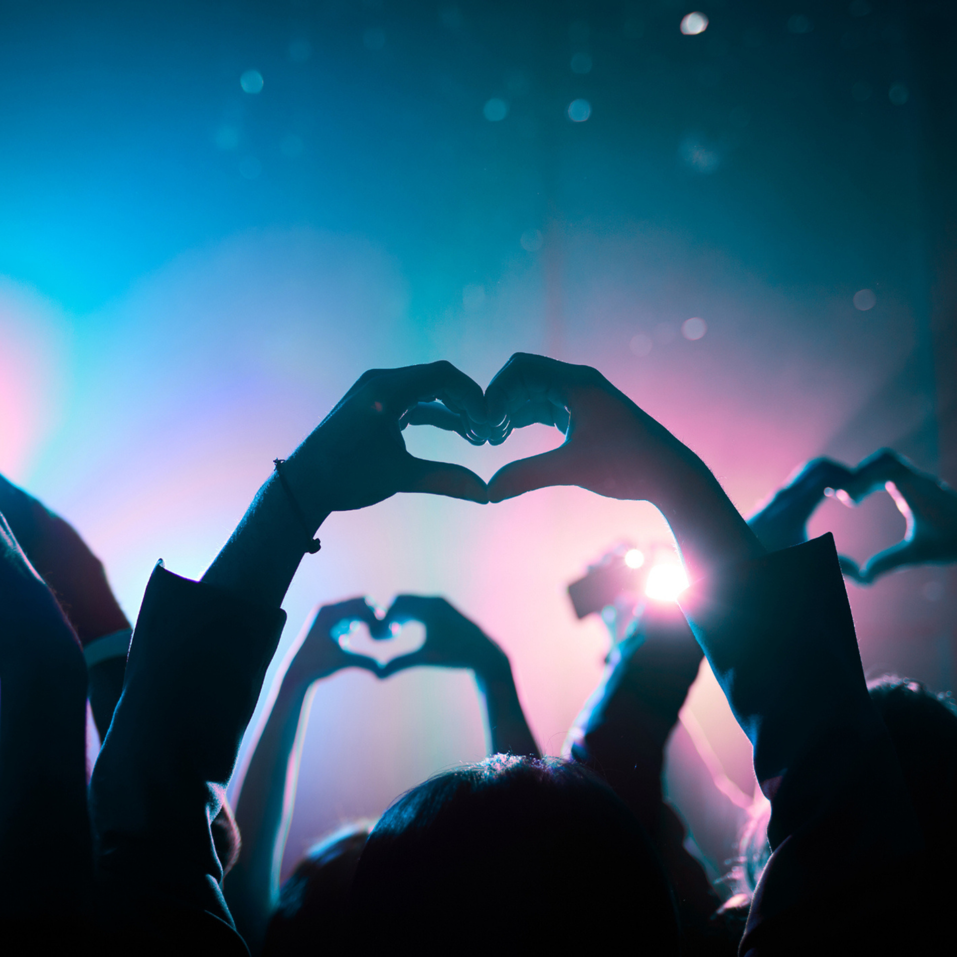 Silhouetted hands forming heart shapes against colorful lights at live event