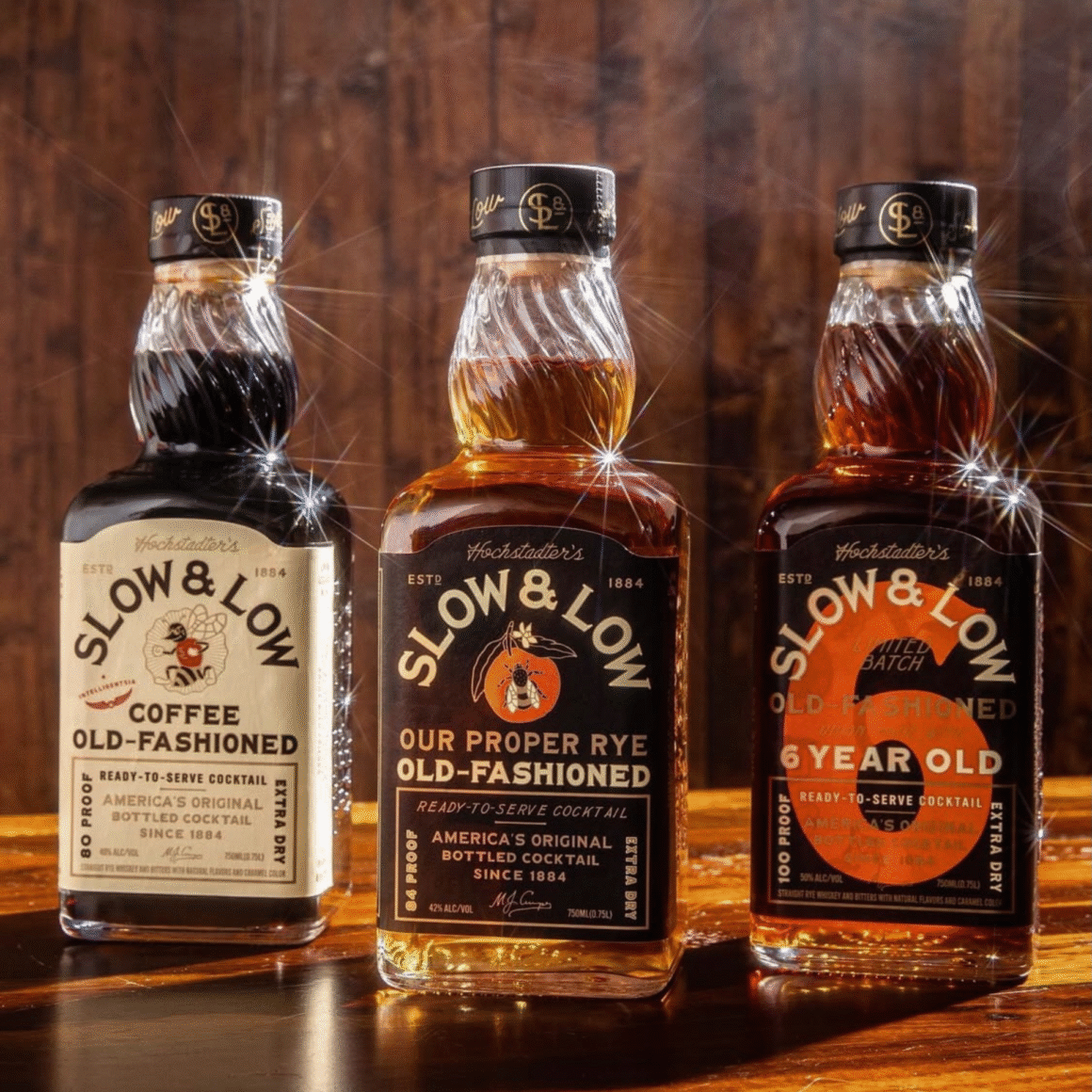 Three Slow and Low Old-Fashioned bottles: Coffee, Rye, and 6-Year