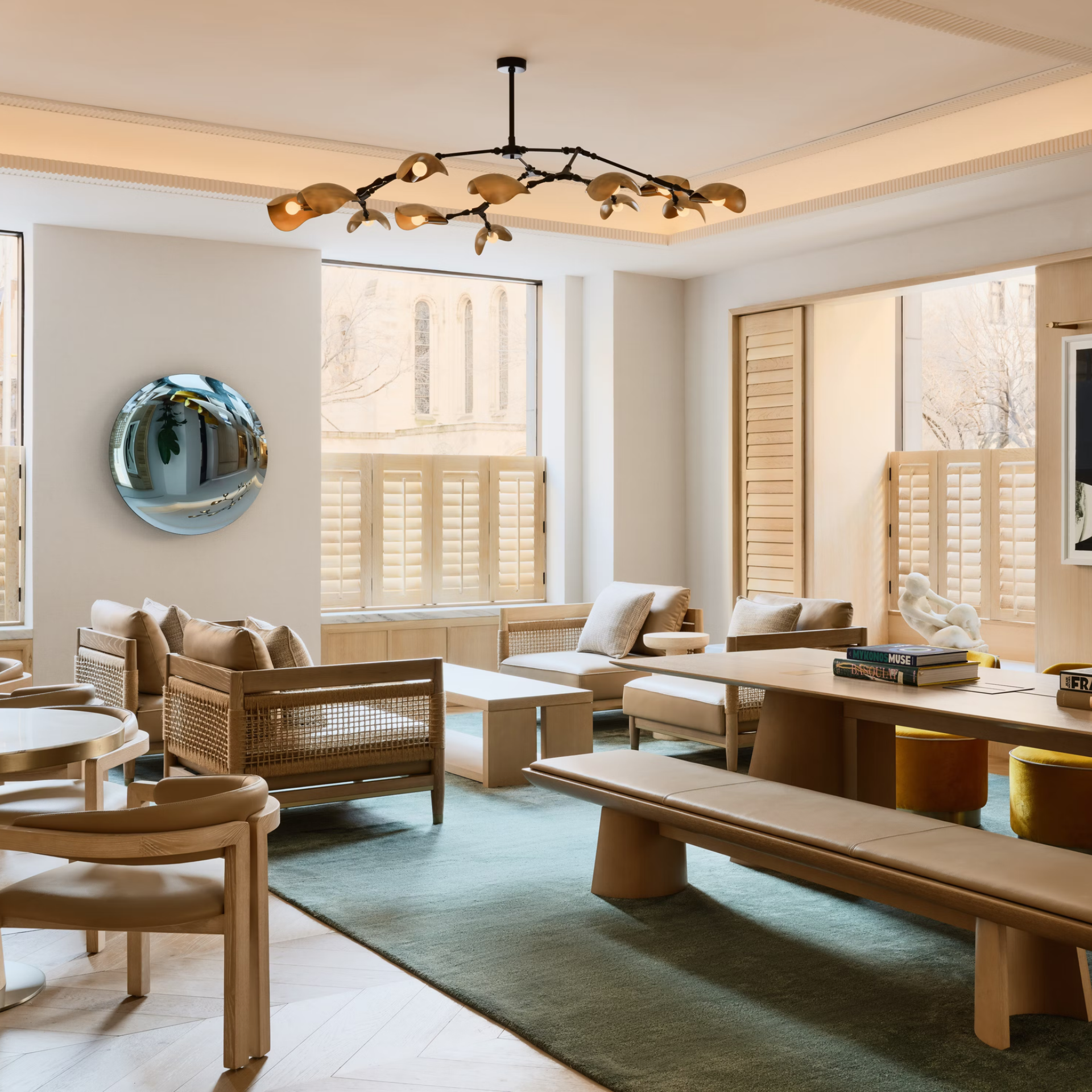 Living room with wood furniture and chandelier