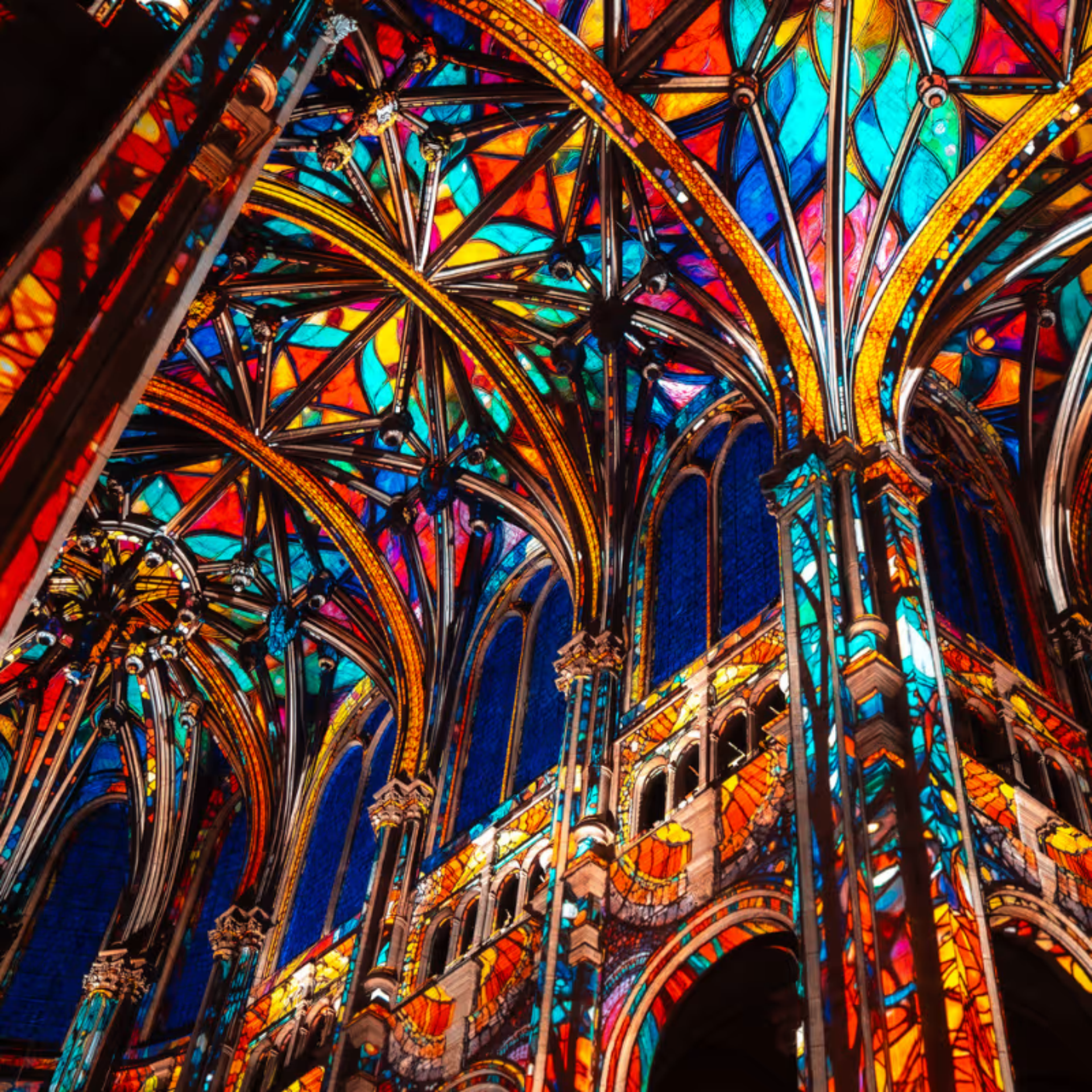 Cathedral ceiling with vivid stained glass patterns