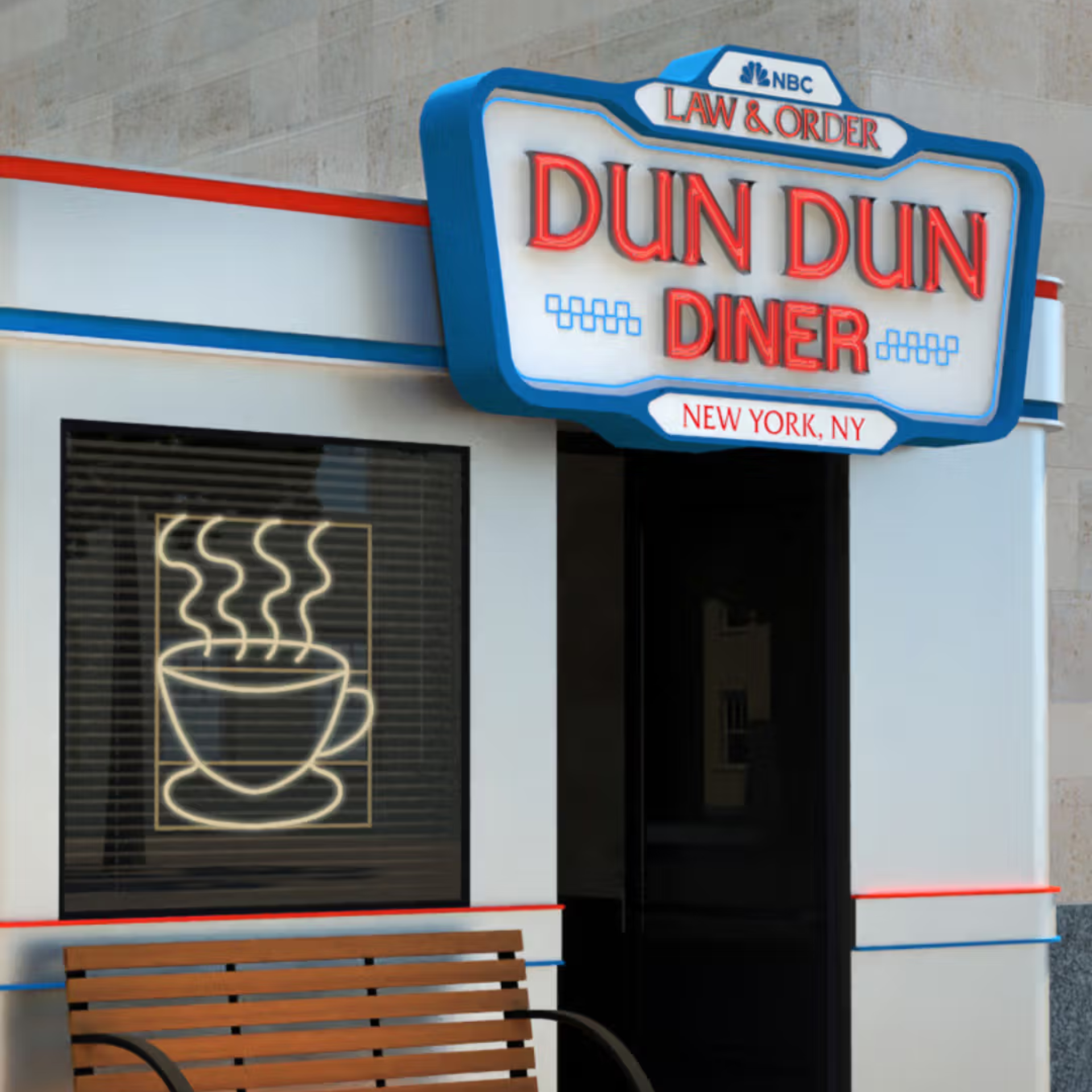 - Exterior of Law & Order-themed DUN DUN DINER in NYC, with retro signage, neon coffee light, and bench by brick wall