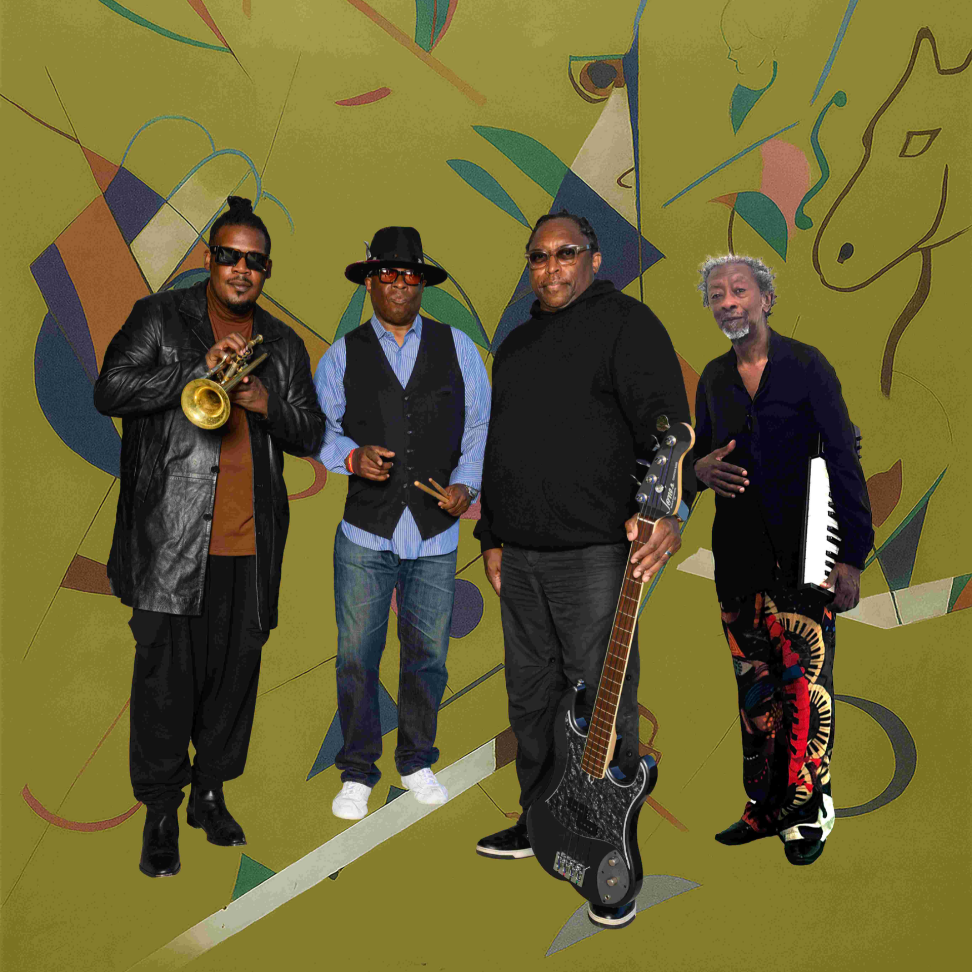 Four musicians with instruments posing before colorful abstract mural