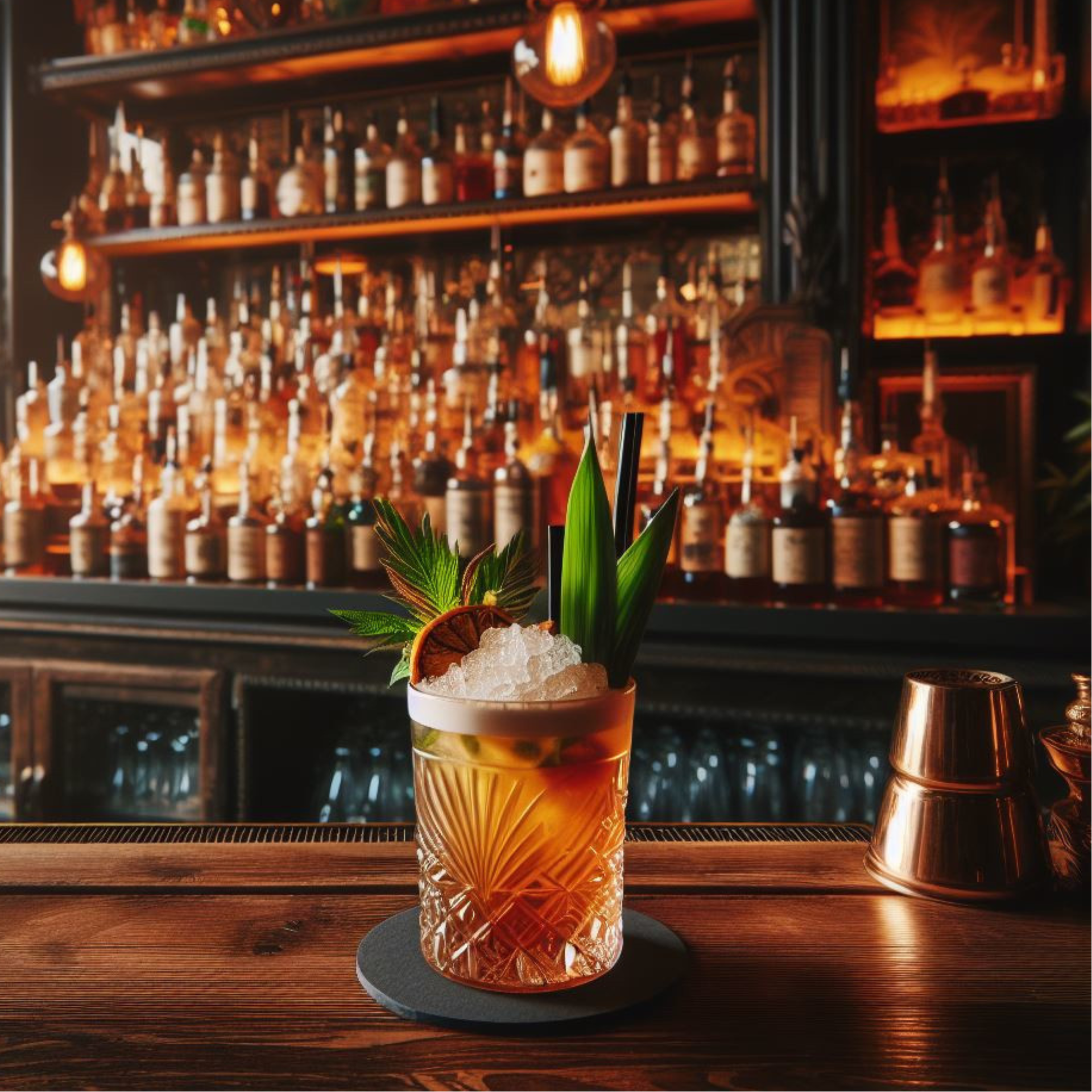 Elegant cocktail in a cut-glass tumbler with crushed ice and tropical garnish, set on a wooden bar counter in a warmly lit upscale bar