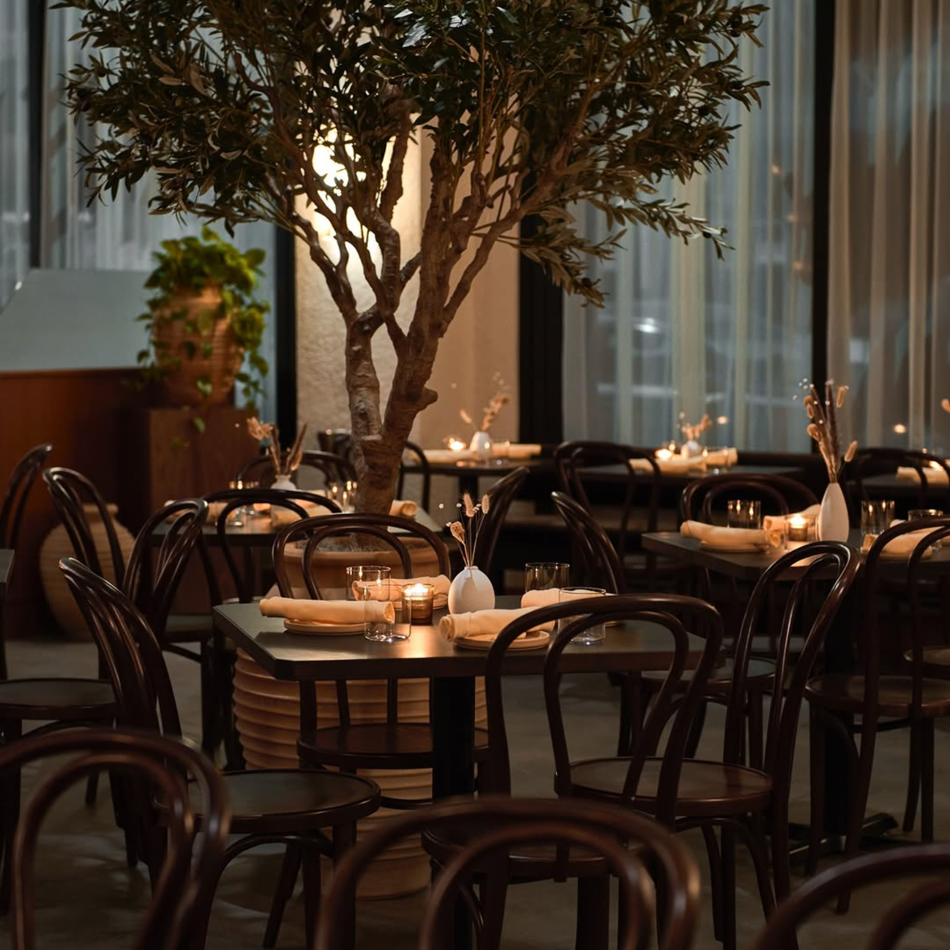 Elegant indoor dining area with dark wood furniture, beige napkins, dried flowers, and warm lighting near large windows