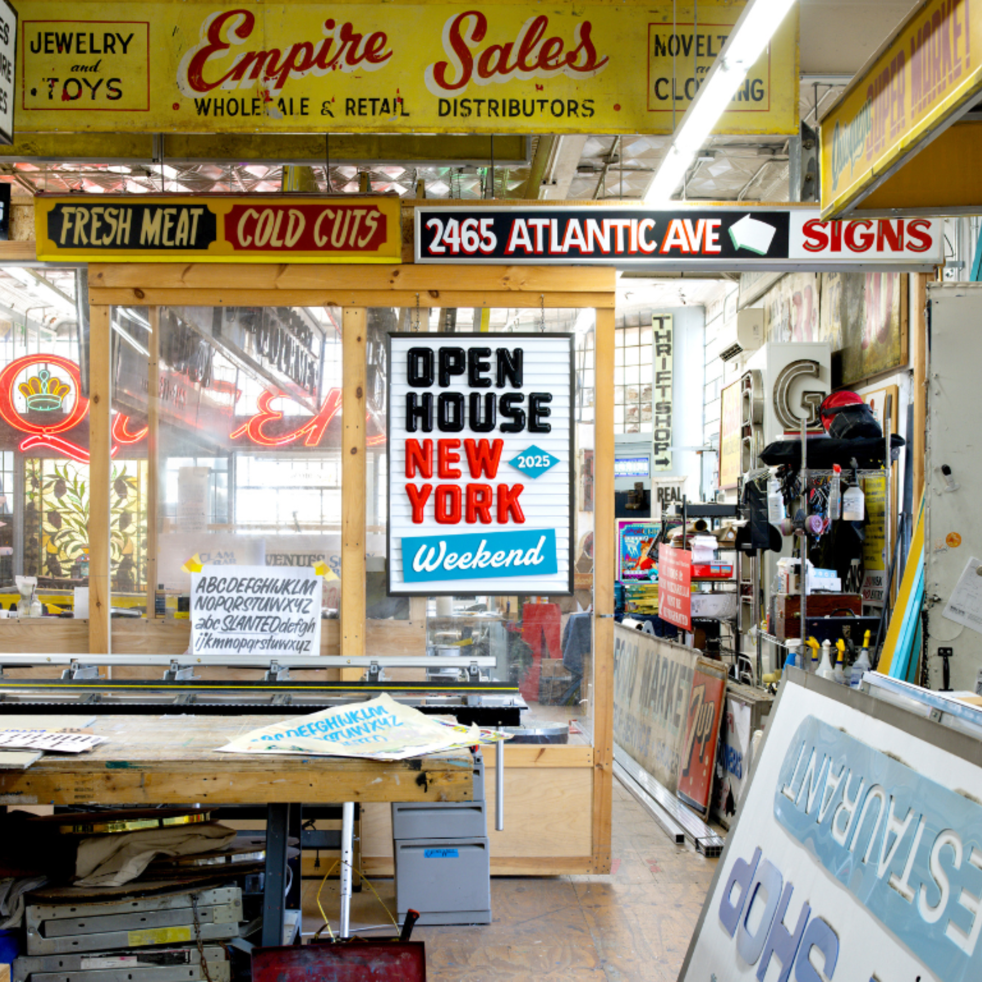 Signage workshop with vintage signs and tools, spotlighting Open House New York Weekend and local craftsmanship in Brooklyn