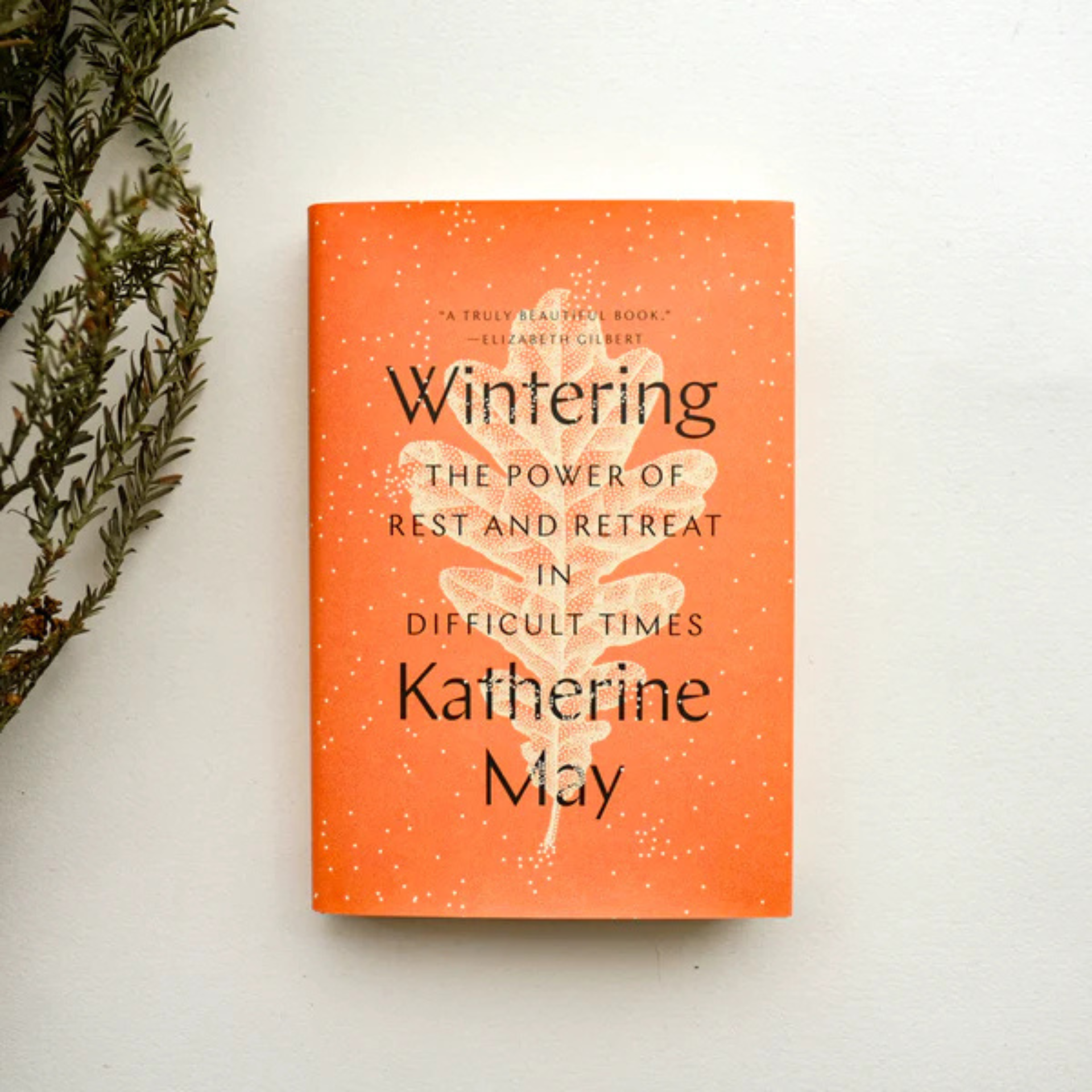 Book titled Wintering by Katherine May rests on white surface with greenery; orange cover evokes calm, rest, and reflection