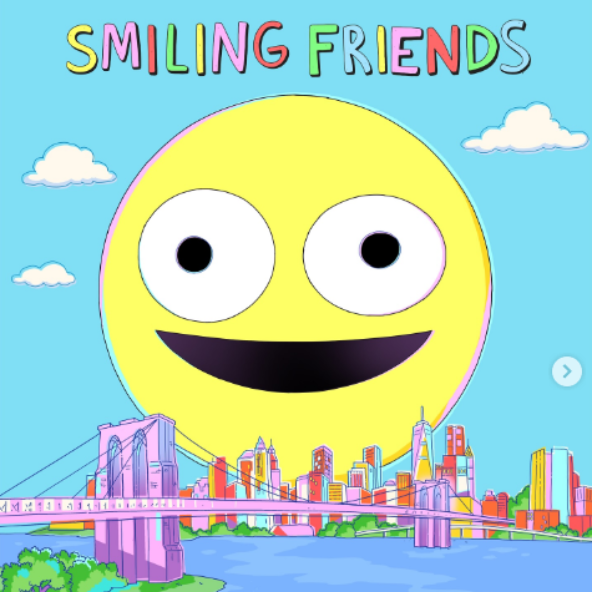Cartoon-style illustration of a smiling yellow face above a cityscape with a bridge and colorful text