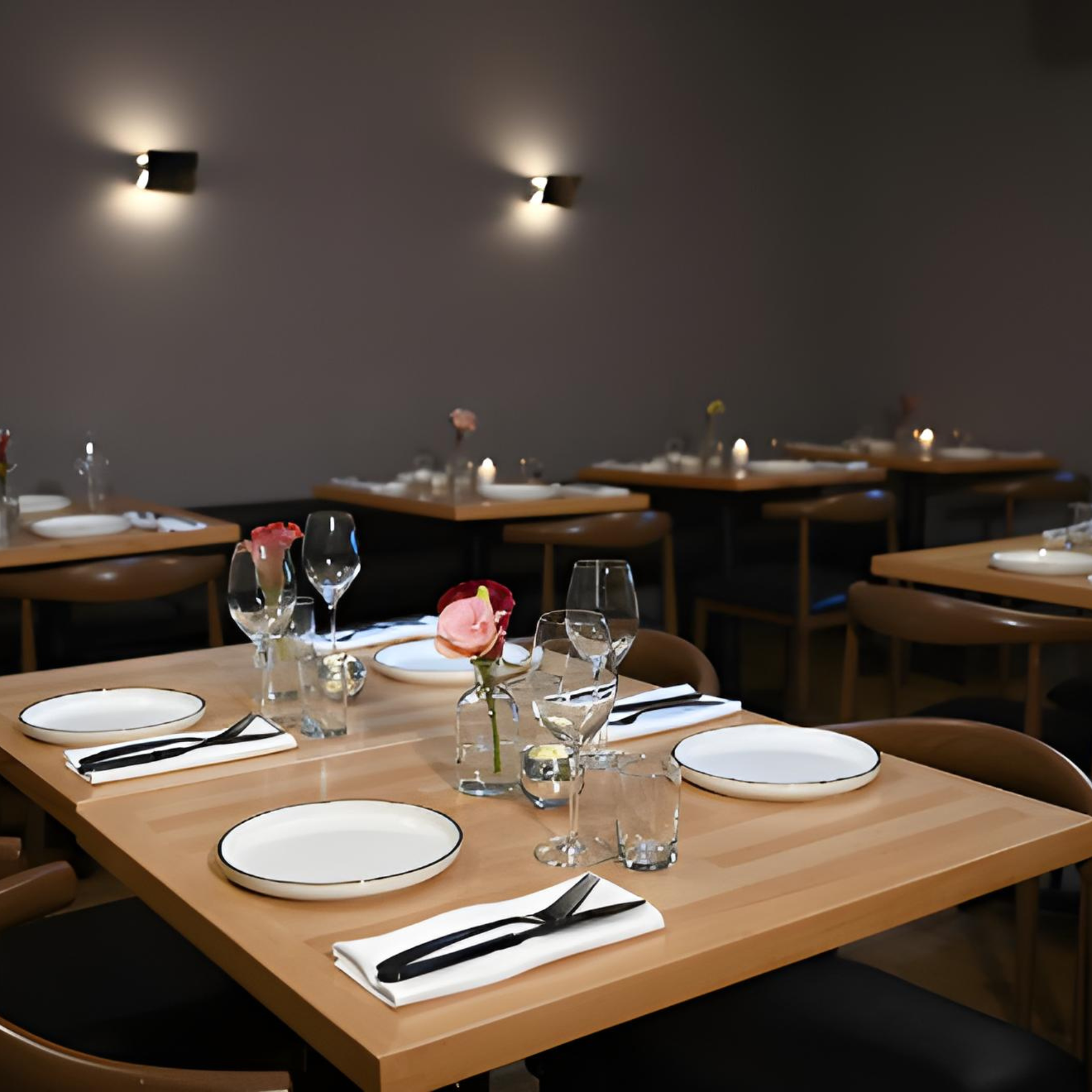 Elegant restaurant interior with wooden tables, white place settings, and soft ambient lighting