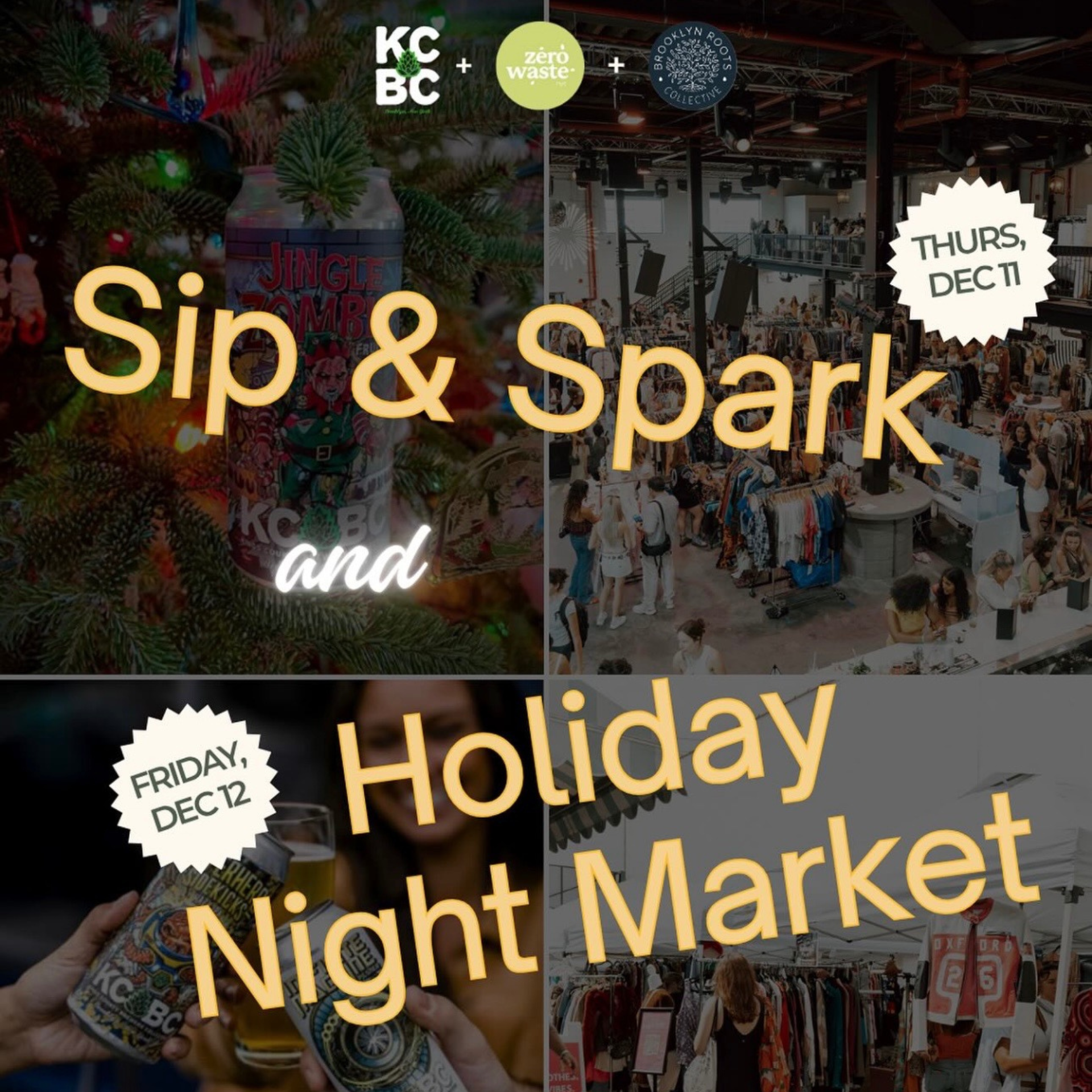 Promotional flyer for 'Sip & Spark' and 'Holiday Night Market' featuring festive beer cans and shopping scenes