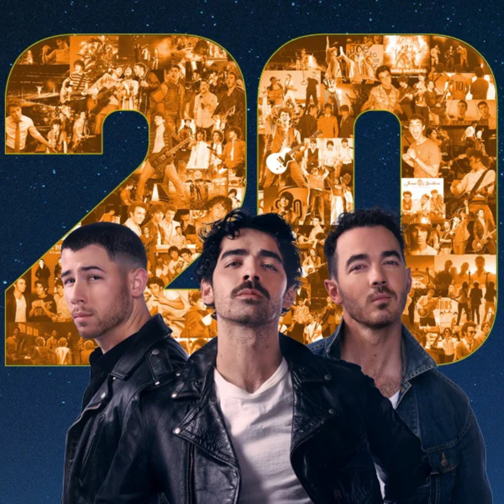 Jonas Brothers standing in front of a large '20' filled with career photos, celebrating their 20th anniversary