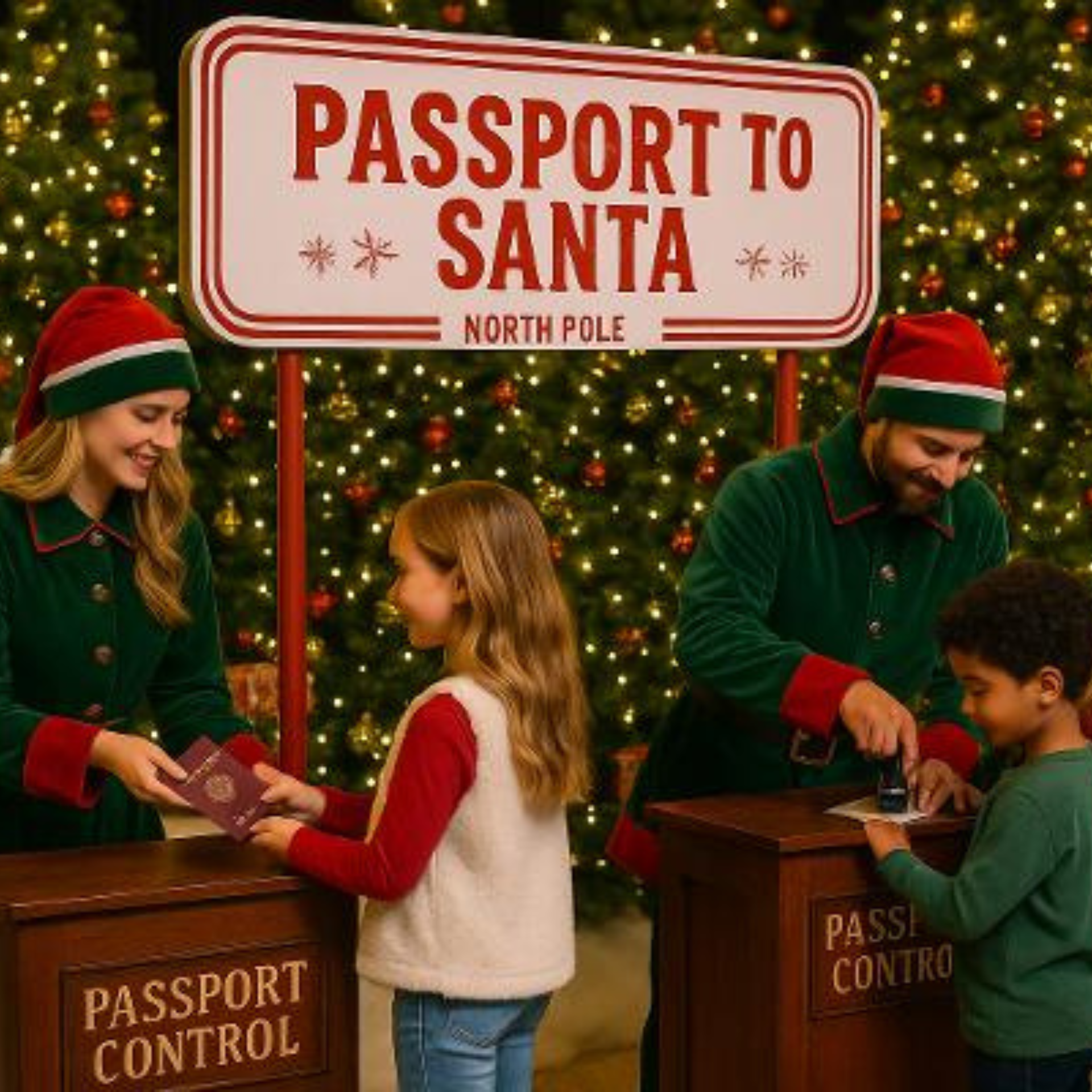 Children receiving holiday passports from elves at a festive booth labeled 'Passport to Santa – North Pole