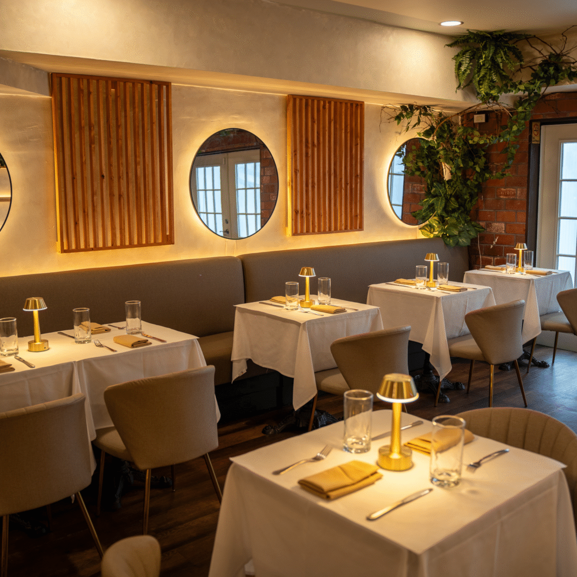 Upscale restaurant interior with white tablecloths, gold accents, and warm ambient lighting