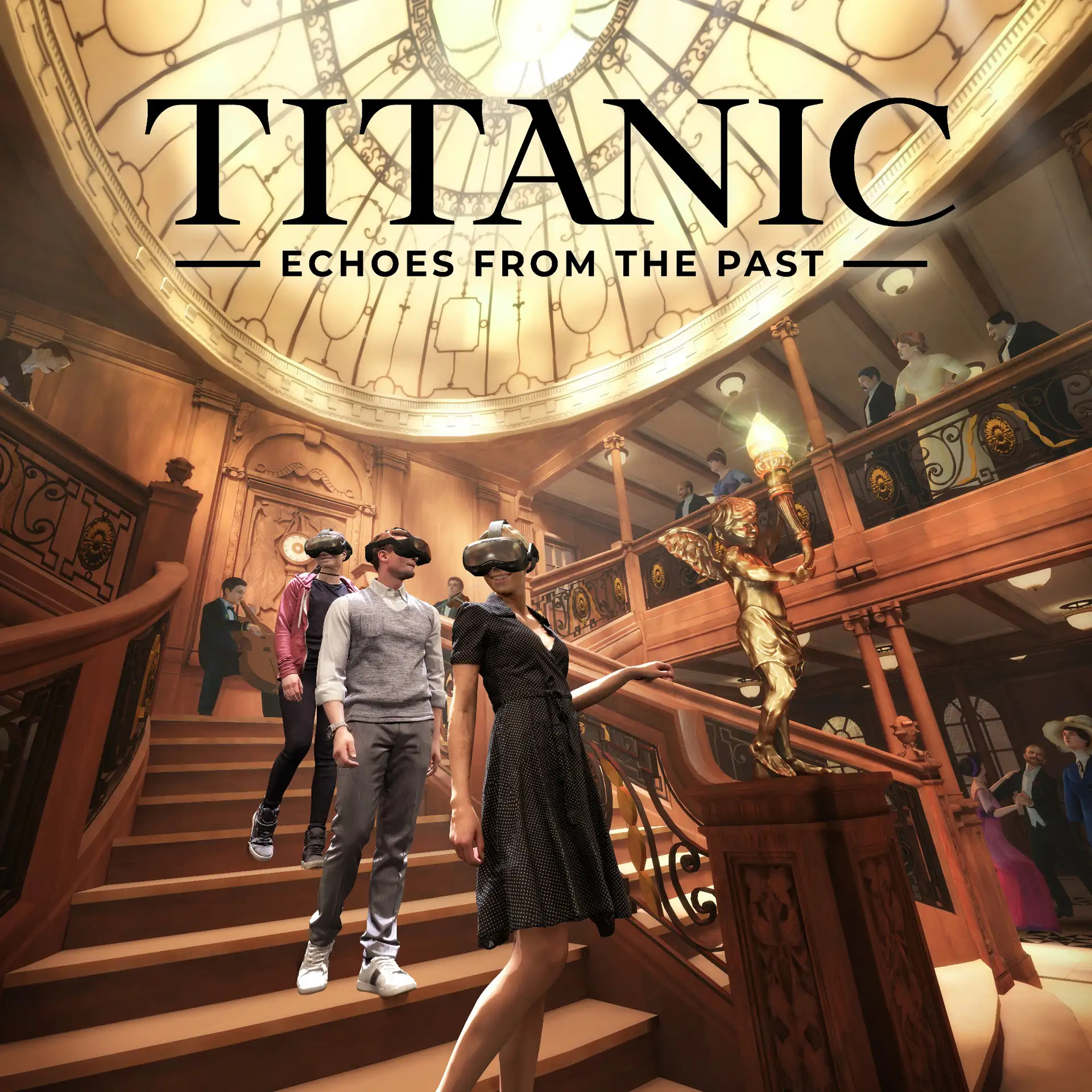 People wearing VR headsets on a grand staircase during the 'Titanic: Echoes from the Past' experience