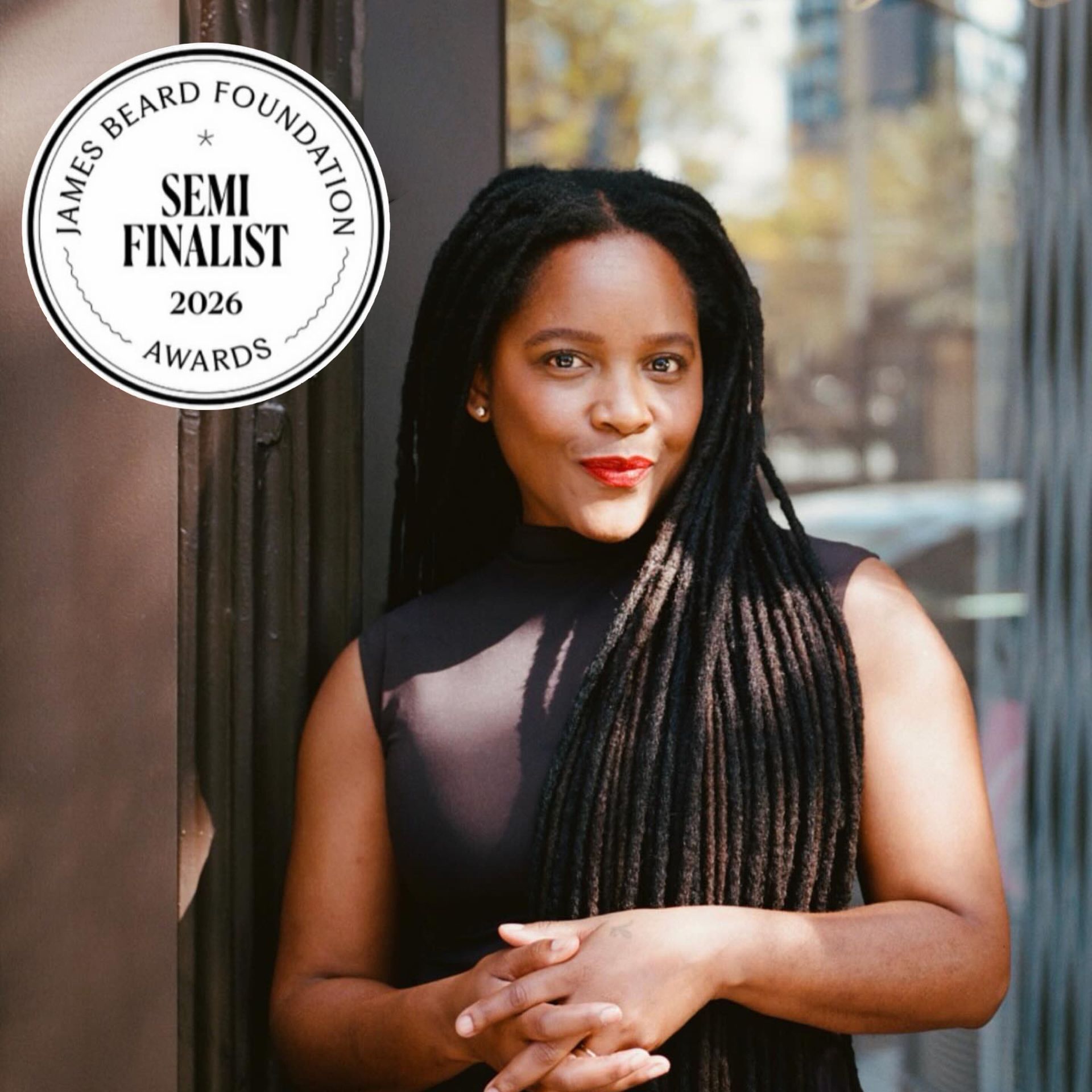 Person in black sleeveless top standing confidently, recognized as James Beard Foundation Awards 2026 semi-finalist