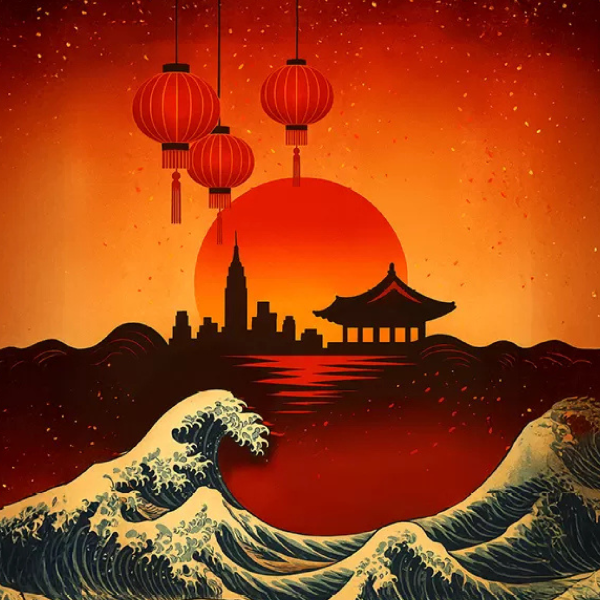 Stylized cityscape with pagoda, skyscraper, red sun, ocean waves, and Chinese lanterns at sunset