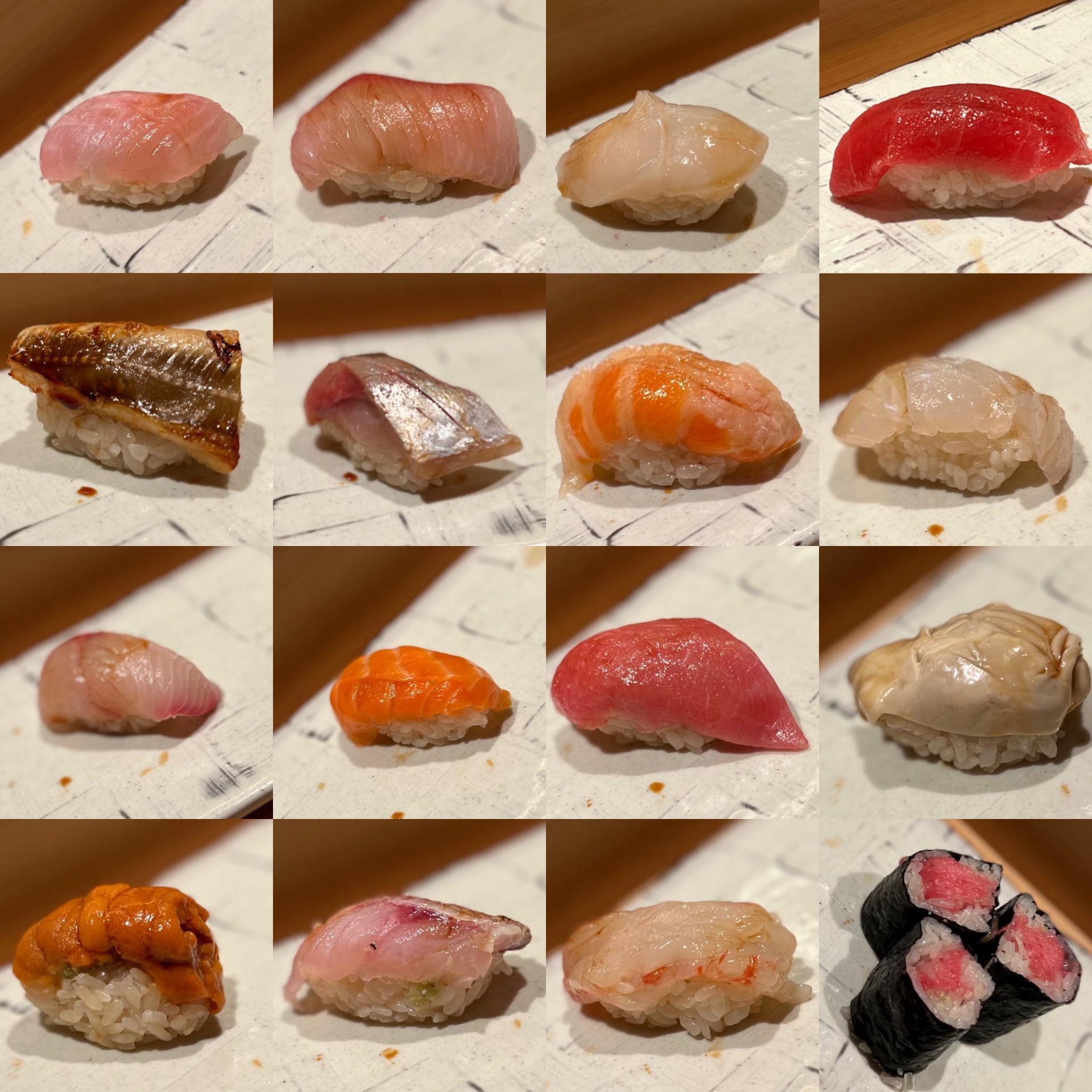 Assorted sushi platter with tuna, salmon, yellowtail, sea urchin, shellfish, and maki rolls arranged in a 4x4 grid on a white plate