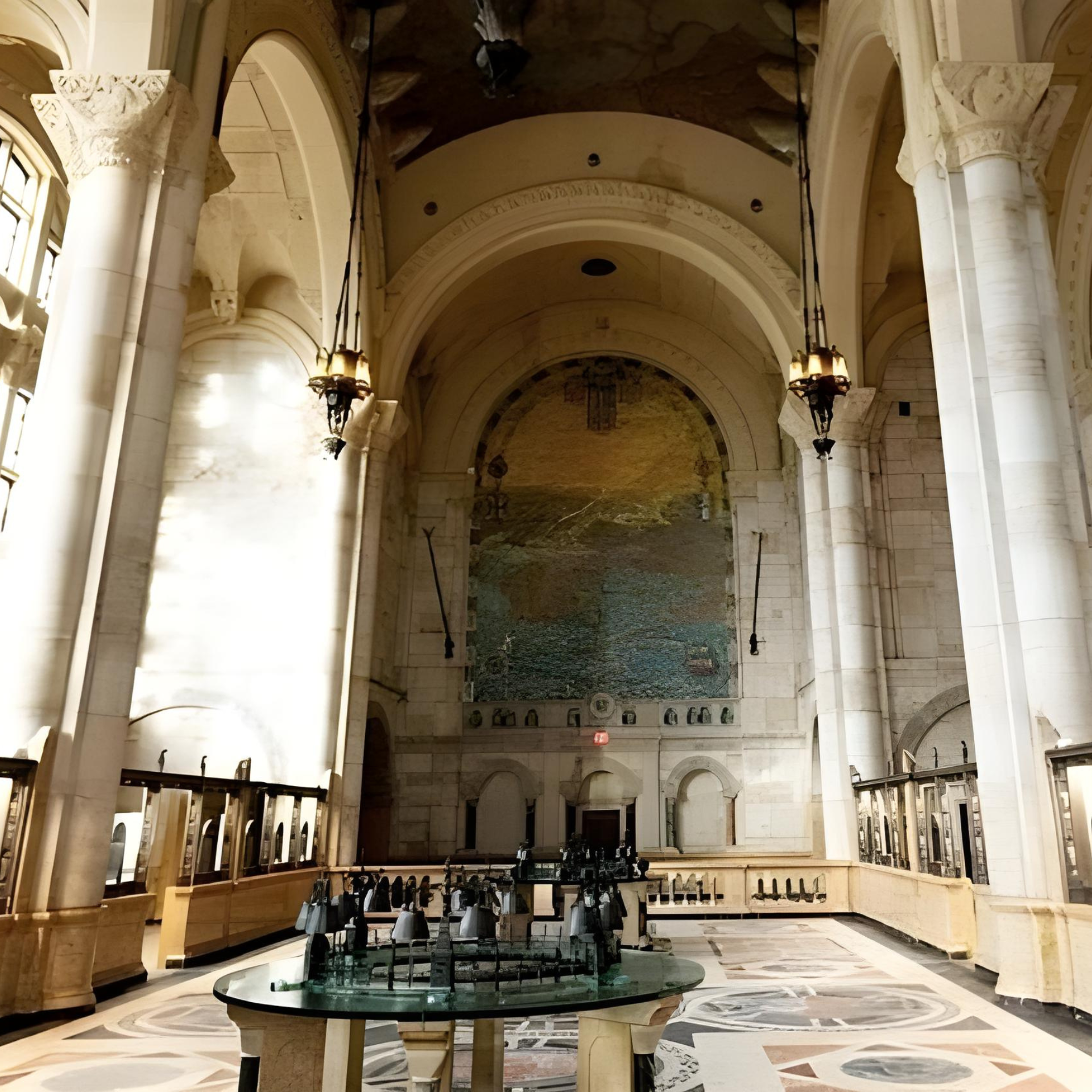 Grand hall with vaulted ceilings, arches, busts, and mosaic at Bronx Community College’s Hall of Fame for Great Americans