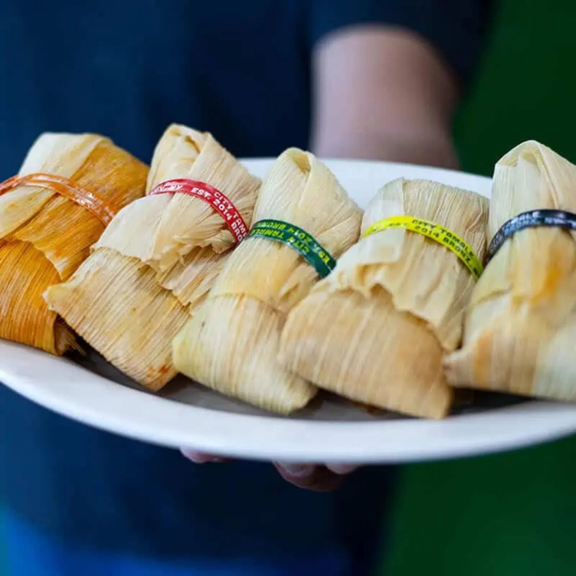 White plate with six tamales wrapped in corn husks, each tied with colored band to indicate different flavors