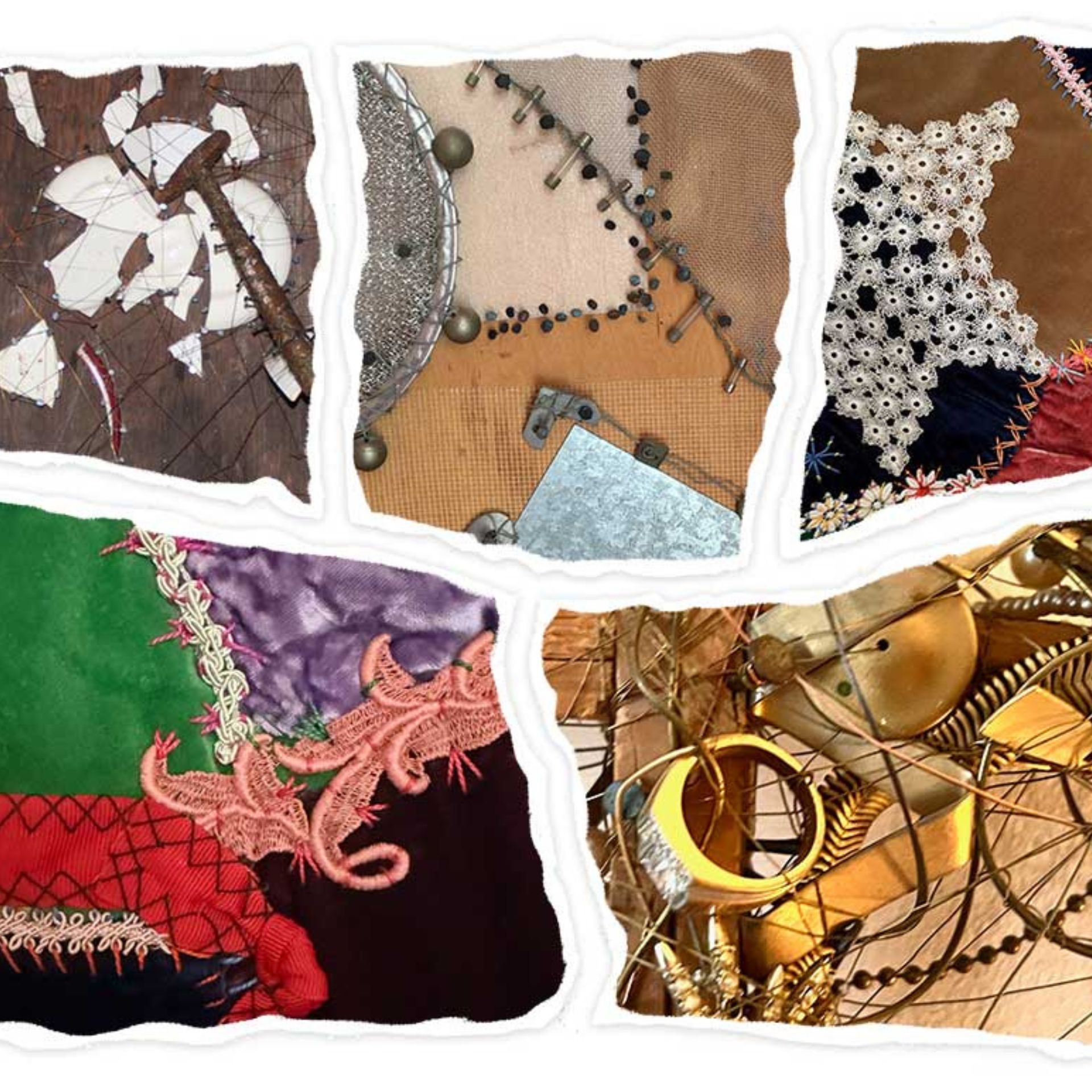 Collage of mixed-media artworks combining fabric, metal, lace, and textured materials