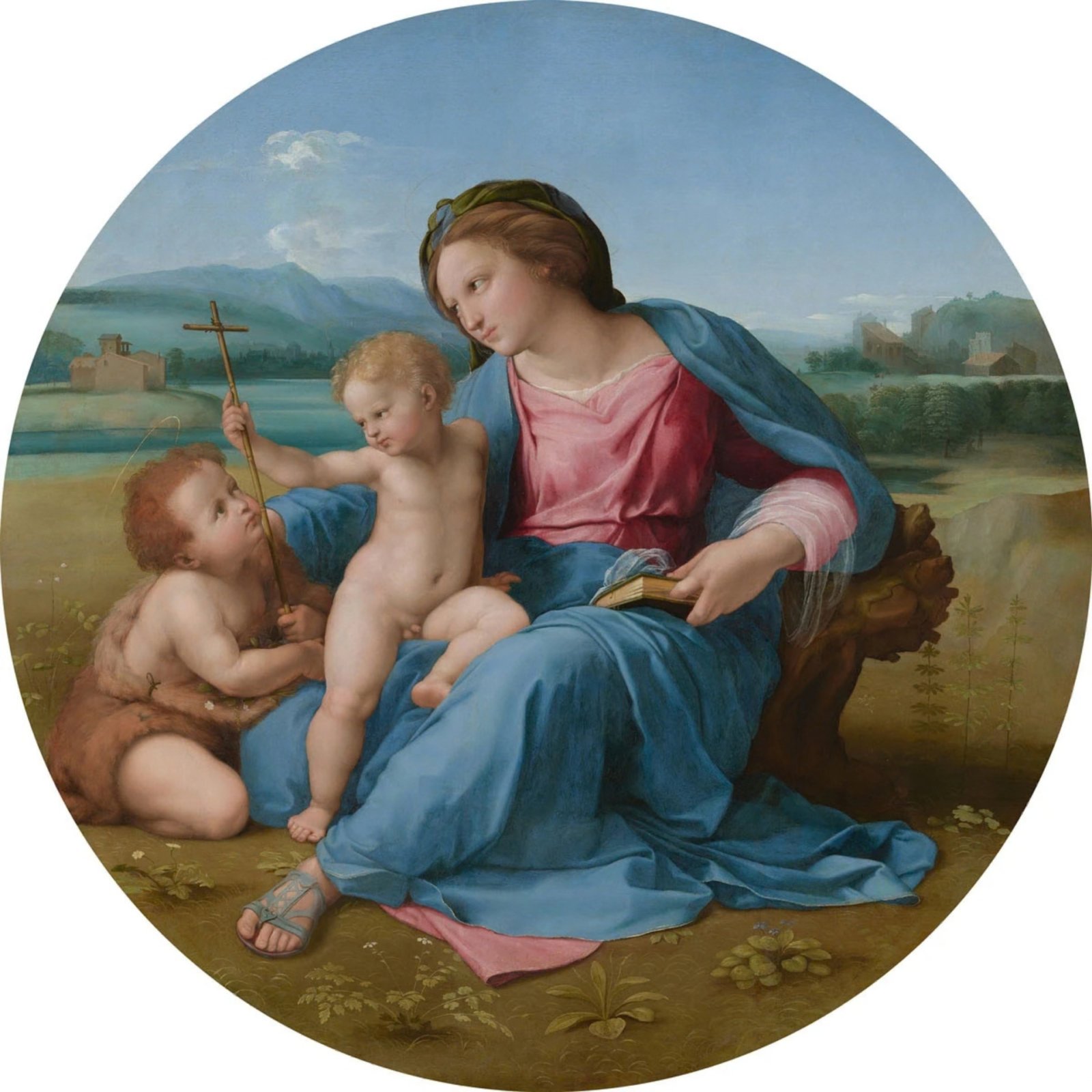Circular Renaissance painting of Madonna with Child and Saint John in serene landscape