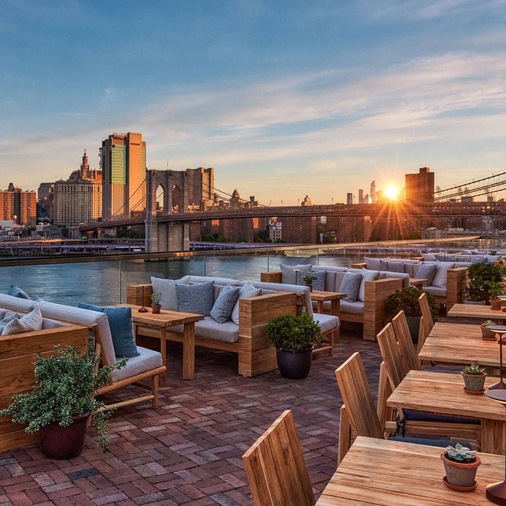NYC hotel terrace with natural light and Brooklyn Bridge view