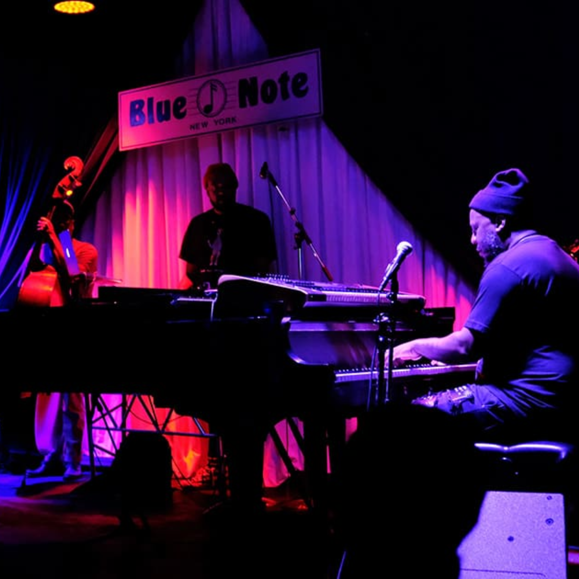 Blue Note New York jazz performance with pianist, bassist, and musician on stage under purple-blue lights