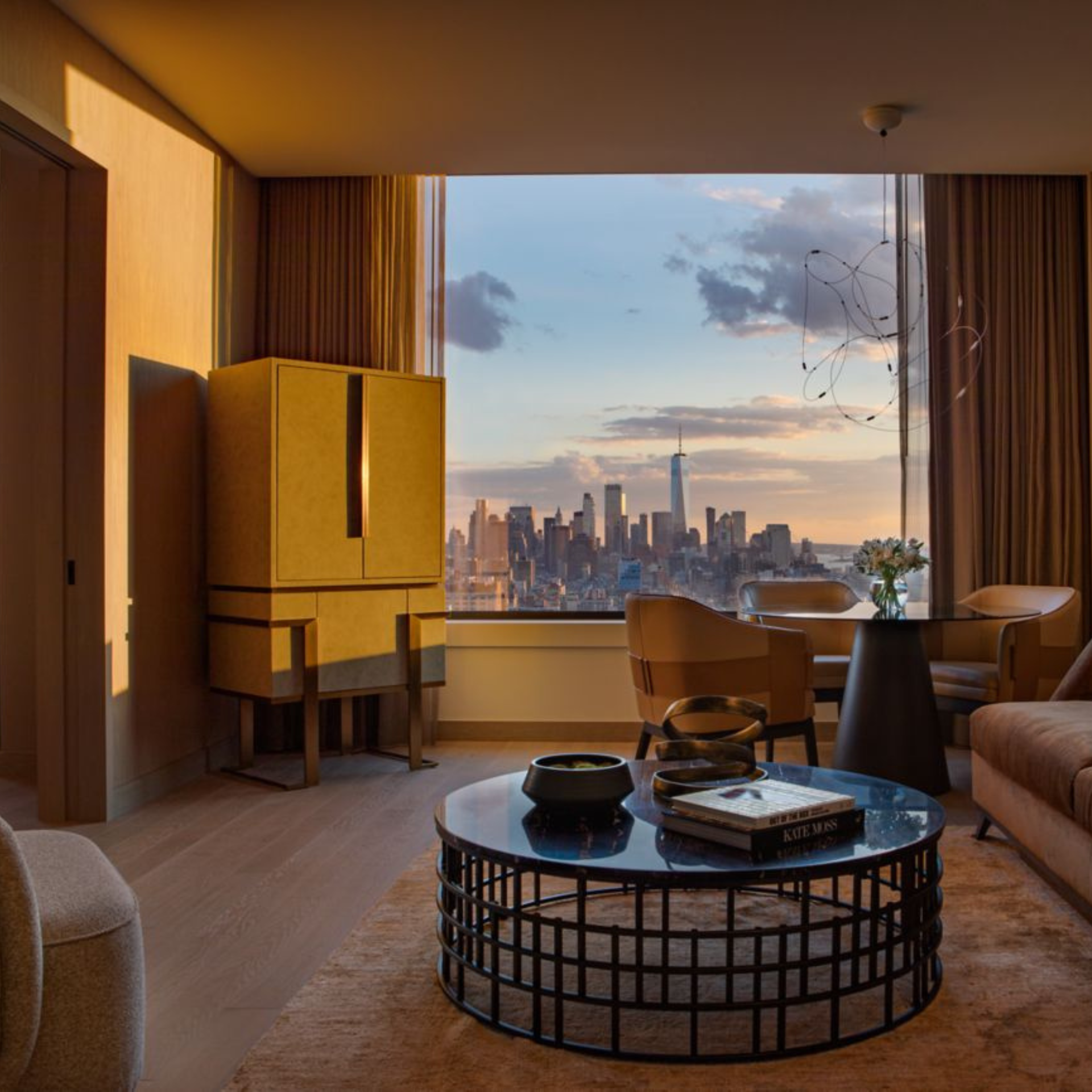 NYC hotel room with natural light and skyline view
