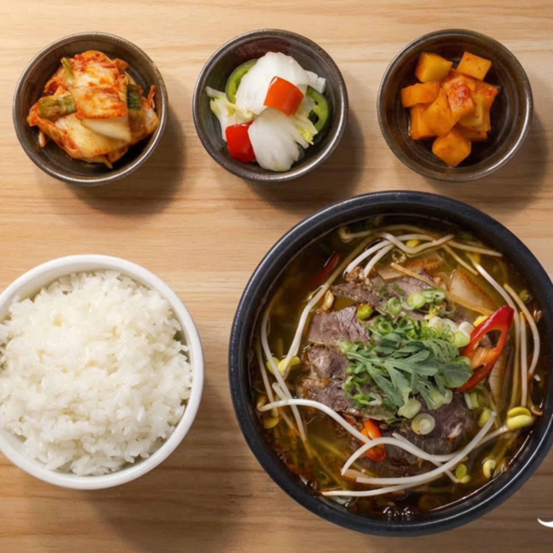 Traditional Korean meal with beef soup, steamed rice, and side dishes of kimchi, pickled radish, and mixed vegetables served on wooden table